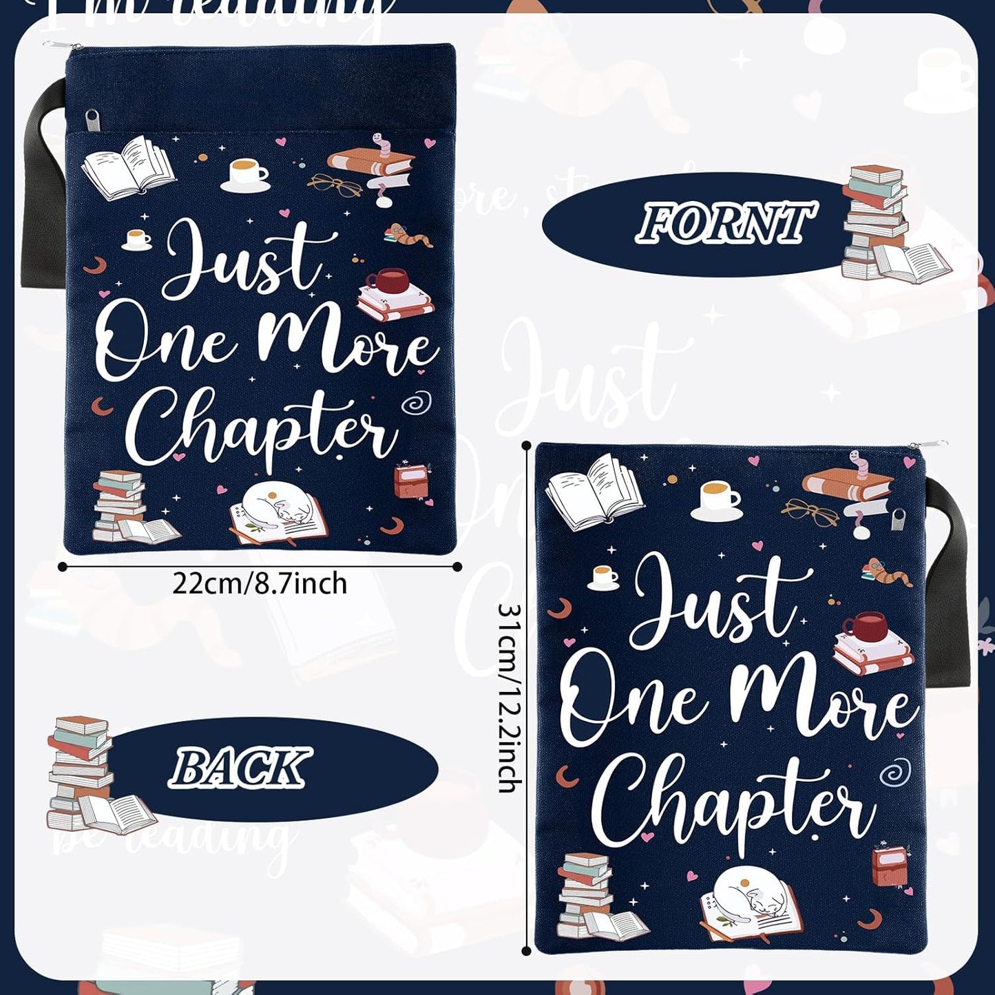 2 Pcs Book Sleeves Just One More Chapter Canvas Book Cover Pouches with Zipper Washable Front Pocket Gifts for Books Lover Reader Reading