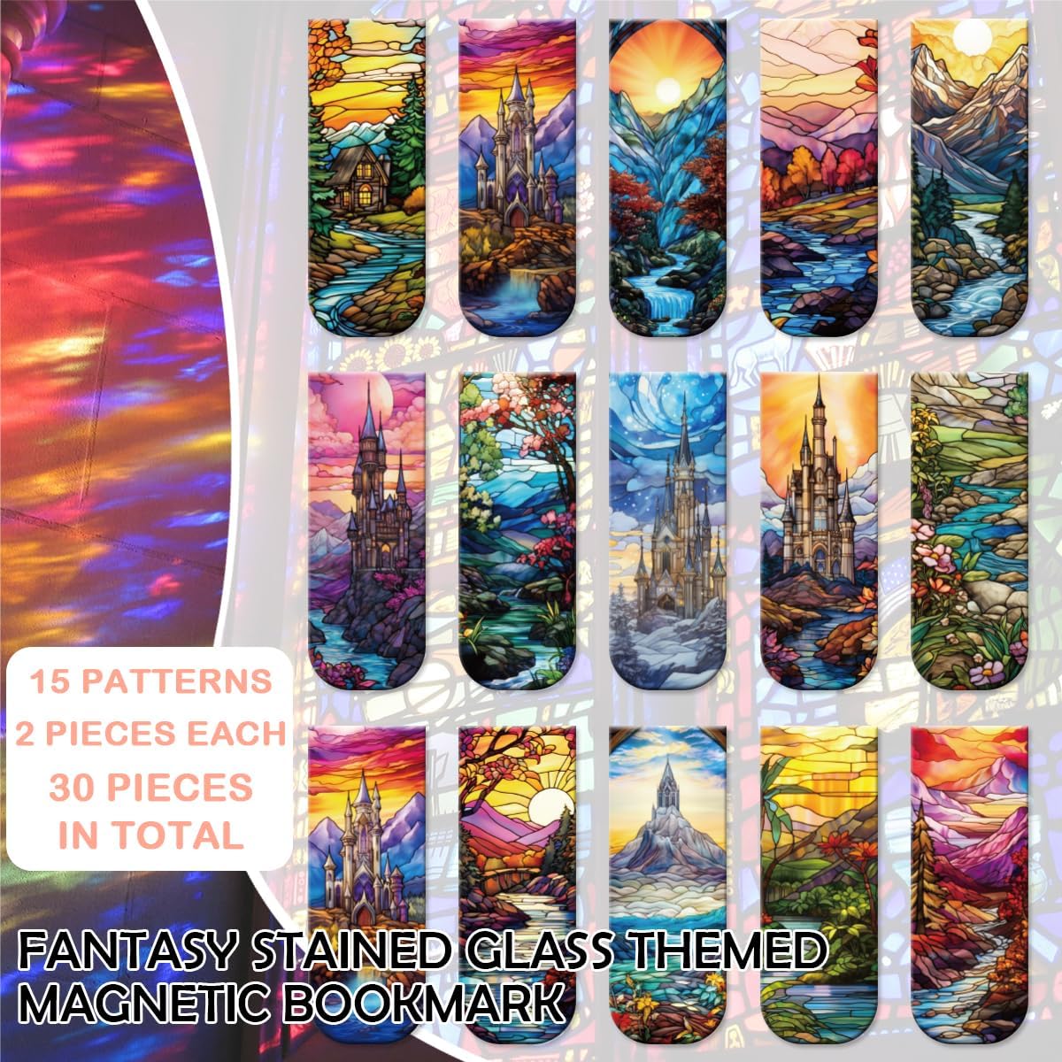 Fantasy Stained Glass Magnetic Bookmarks Gift, 30 Pcs Magnet Book Mark Clips for Women Men, Double-Sided Aesthetic Bookmarks for Reading, Planner, Journal, Fantasy Gifts