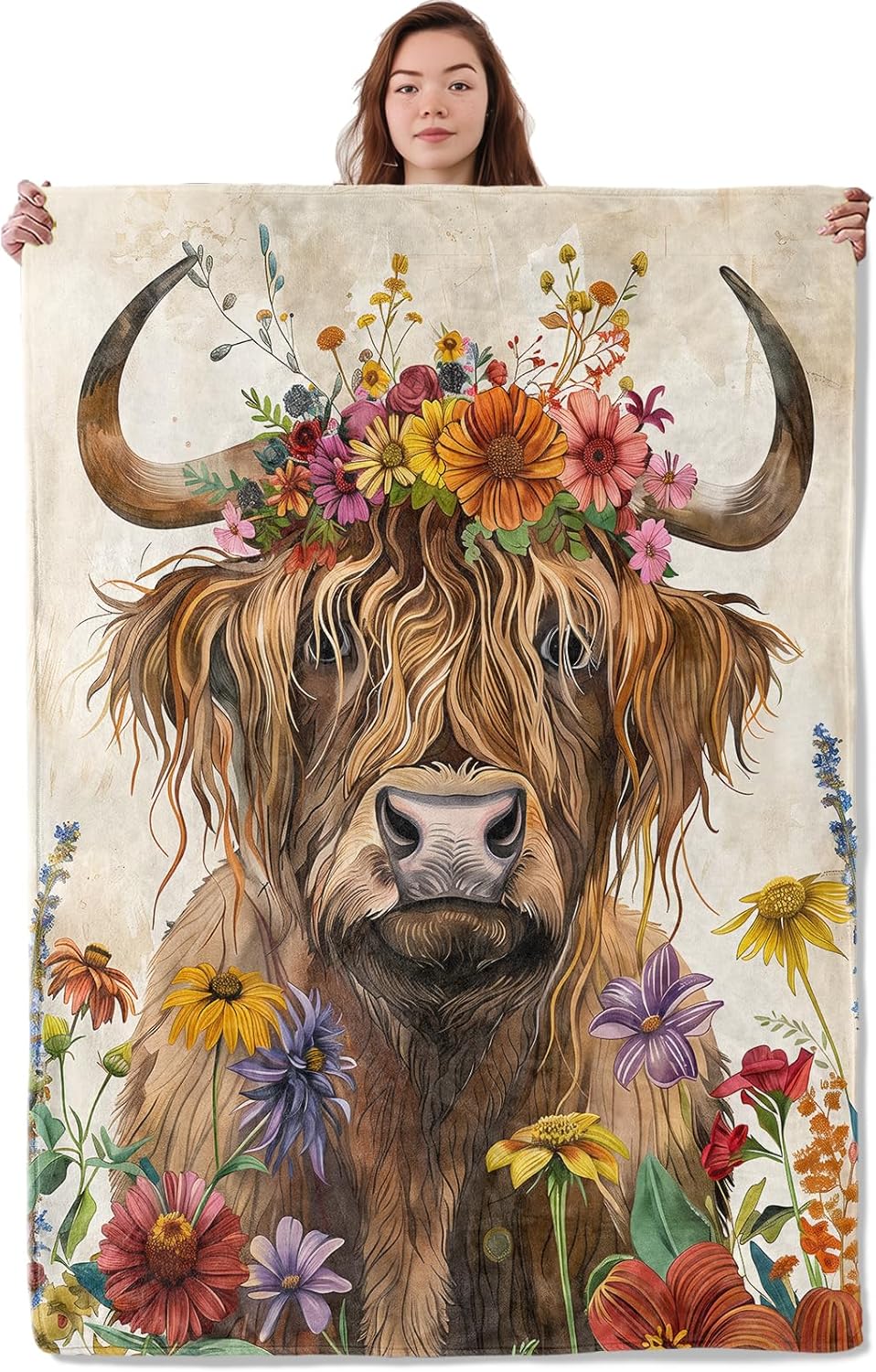 Floral Crown Highland Cow Blanket, Soft Warm Cozy Farm Animal Throw Blanket Gifts for Adults Kids Women, Lightweight Fuzzy Comfy Flannel Blankets for Couch, Travel, Bed, House Decor 60×50 Inch