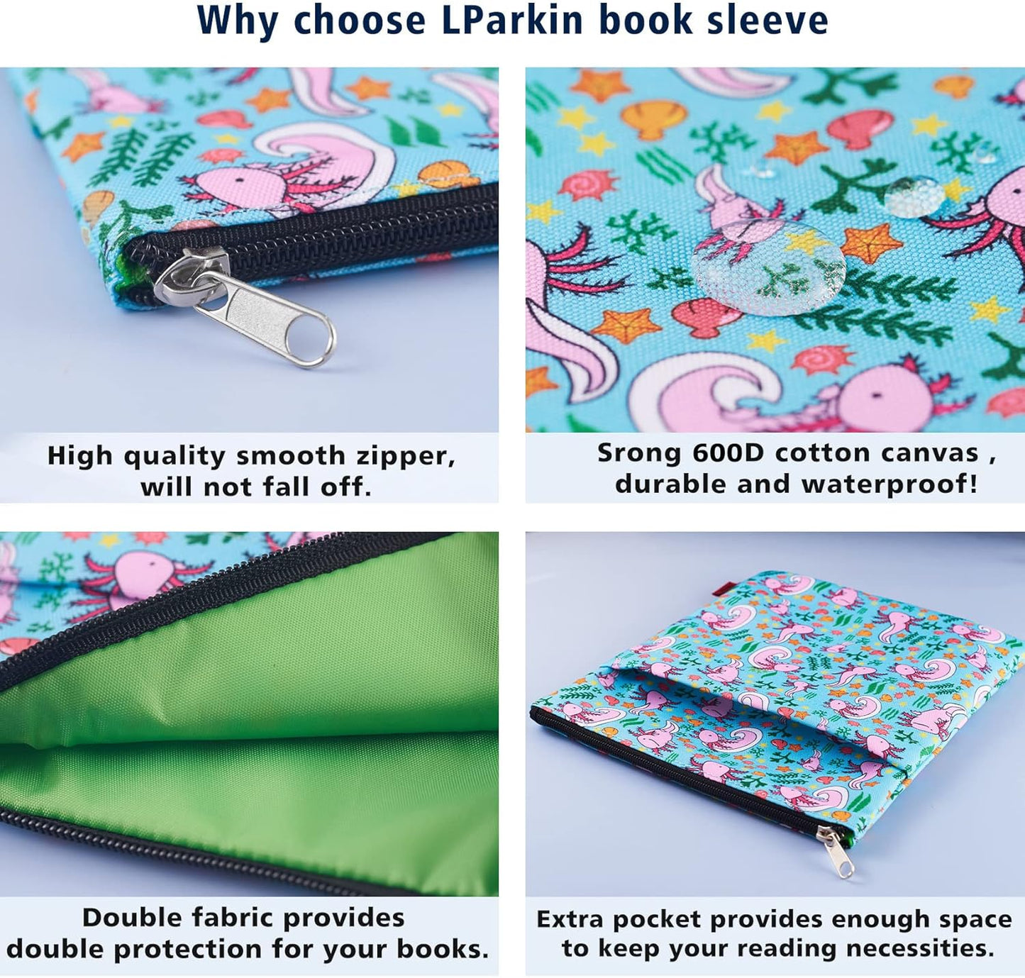 Axolotl Gifts Book Sleeve with Zipper and Front Pocket, Book Covers for Paperback, 11 x 8.5 Inch, Book Lovers Gifts