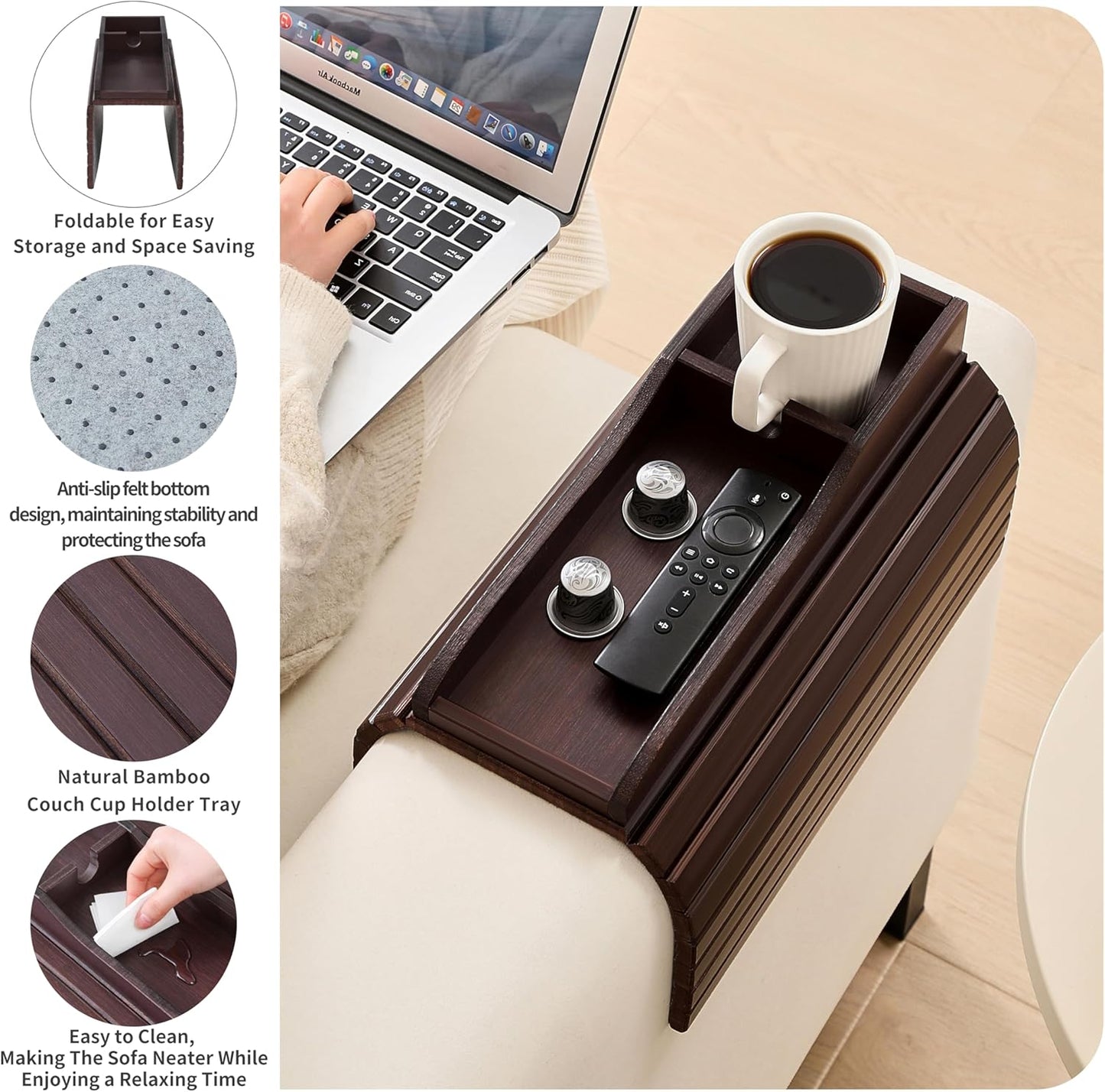 Bamboo Couch Cup Holder Arm Tray Table，Couch Drink Holder，Sofa Cup Holder Armrest Tray，Anti-Slip Foldable Arm Chair Table Tray Recliners for Drink,Cups, Snacks, Phone, Remote