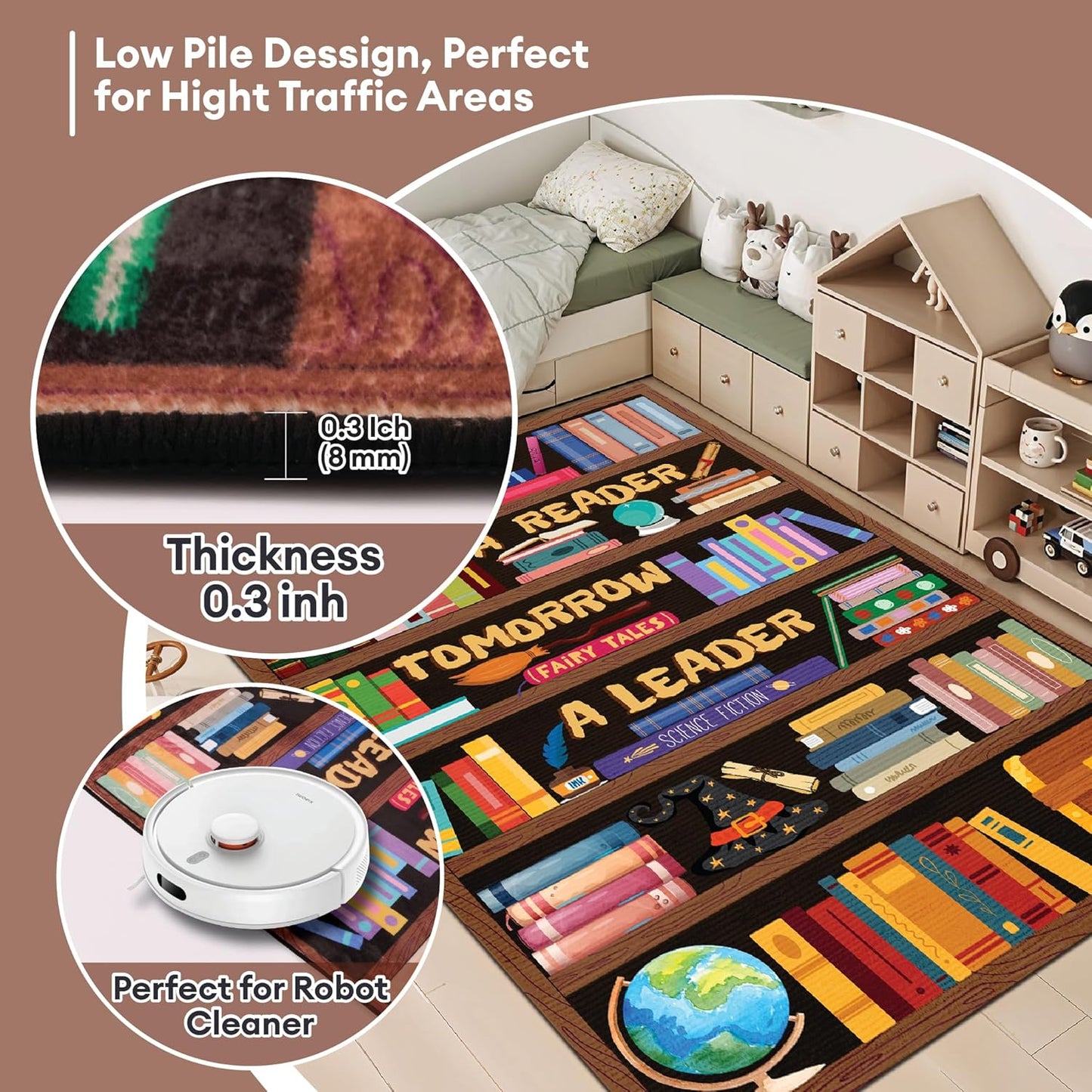 Classroom Library Rug, Reading Rug for Classroom Library, Carpet for Study Room, Non-Slip Rubber Bottom Low Pile Fade Resistant, Full Size 2x3 3x5 4x6 5x7 6x9 Ft S01