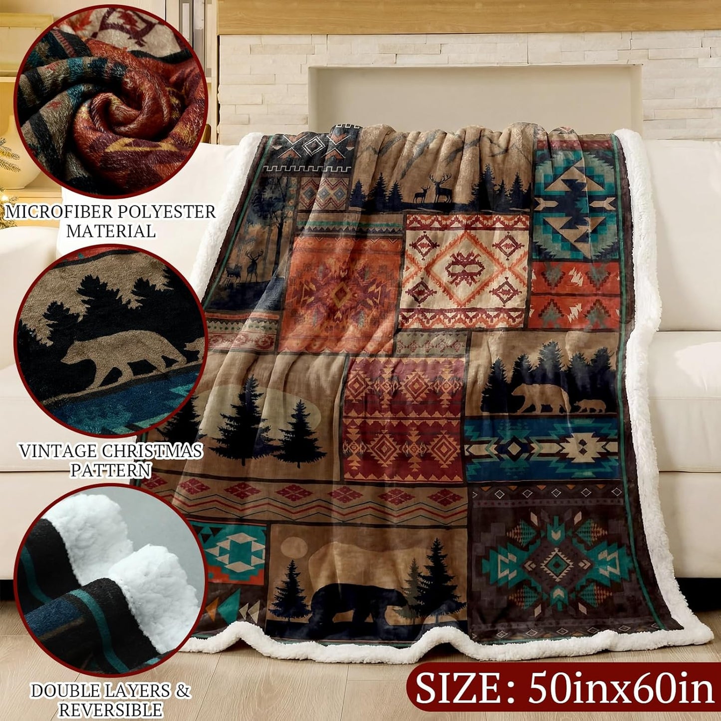 Cabin Flannel Throw Blanket Sherpa Fleece Thick Throws Winter Patchwork Blanket Holiday Soft Warm Gift Cozy Farmhouse Home Decoration for Couch Bed Sofa 50"x 60"