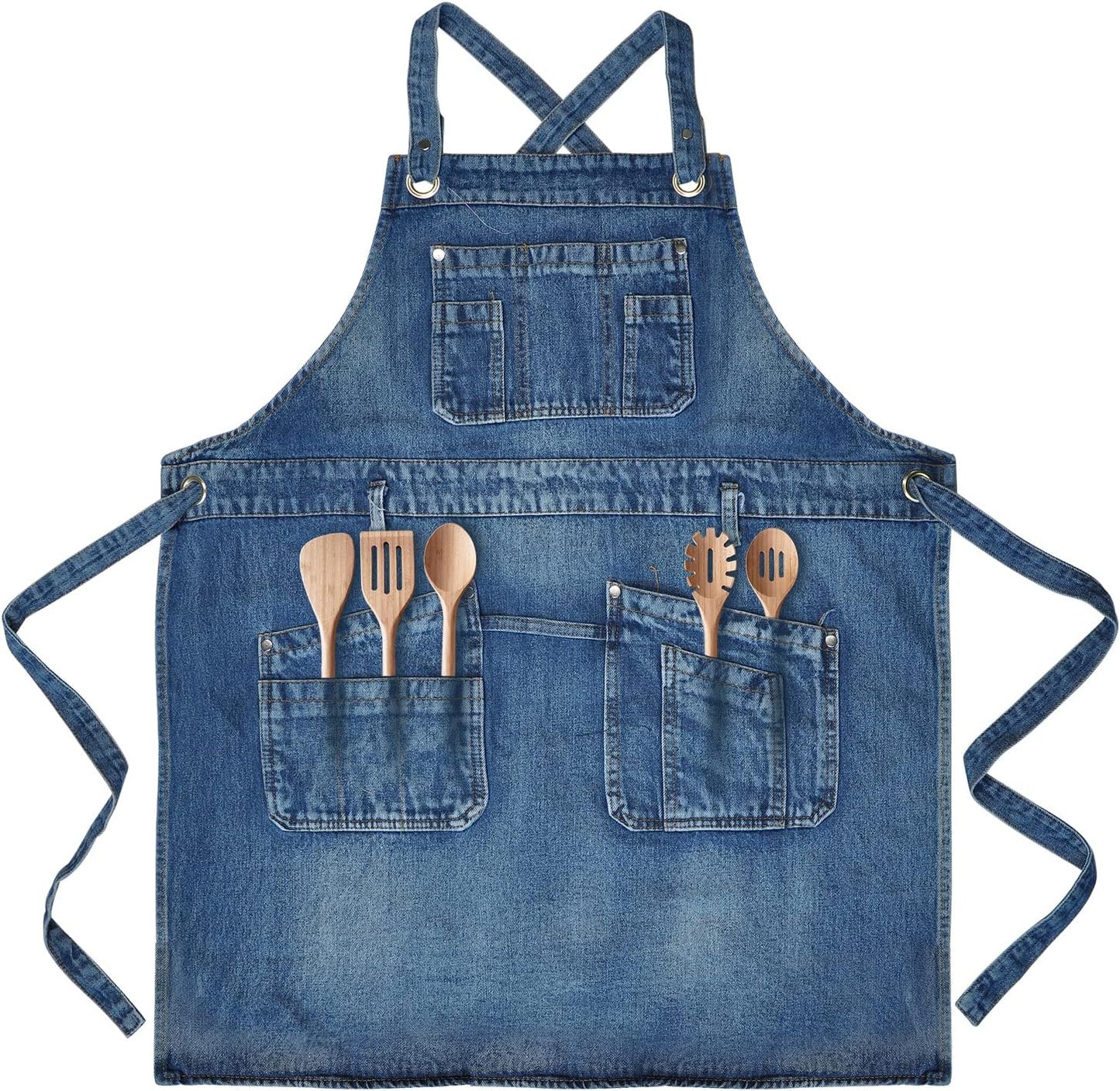 Denim Apron with Multi Pockets for Kitchen, Cooking, BBQ & Gardening