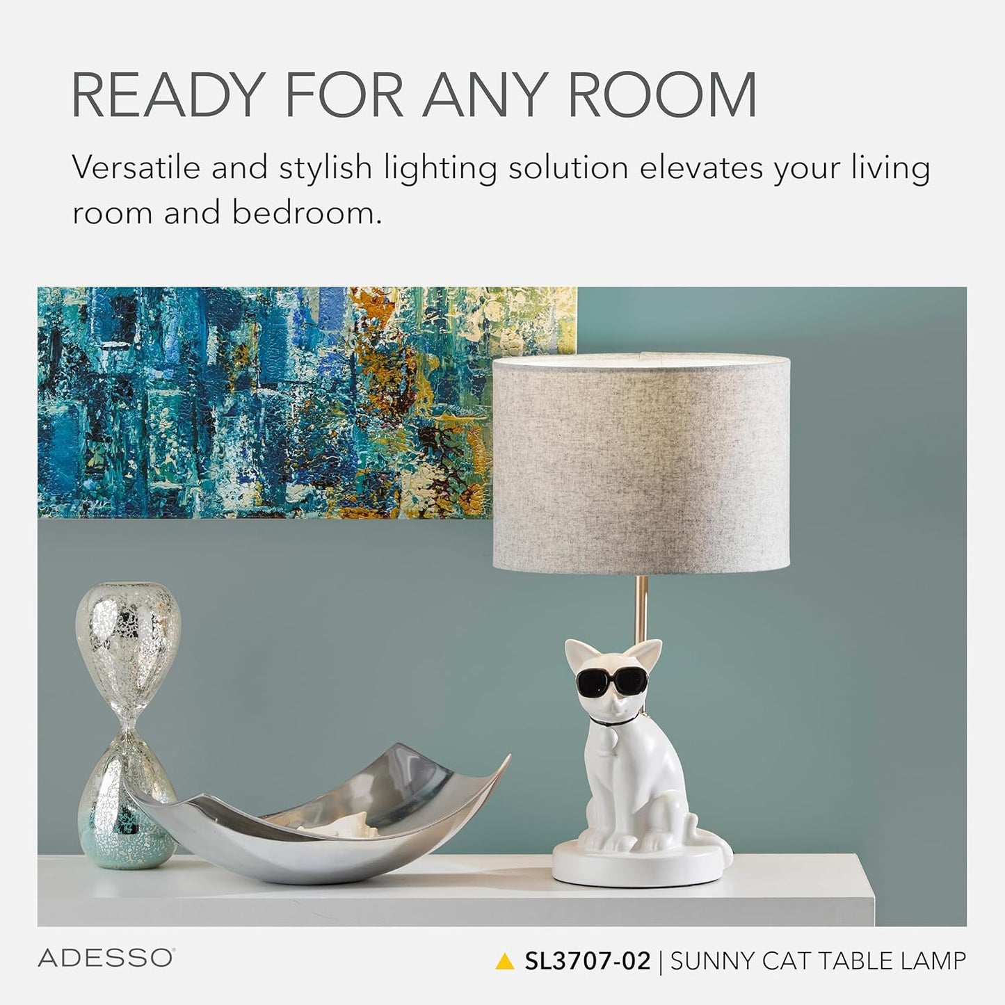 Adesso Sunny Cat Table Lamp – White Ceramic Novelty Lamp for Bedroom and Office Lighting or Living Room Décor, 18” x 10”