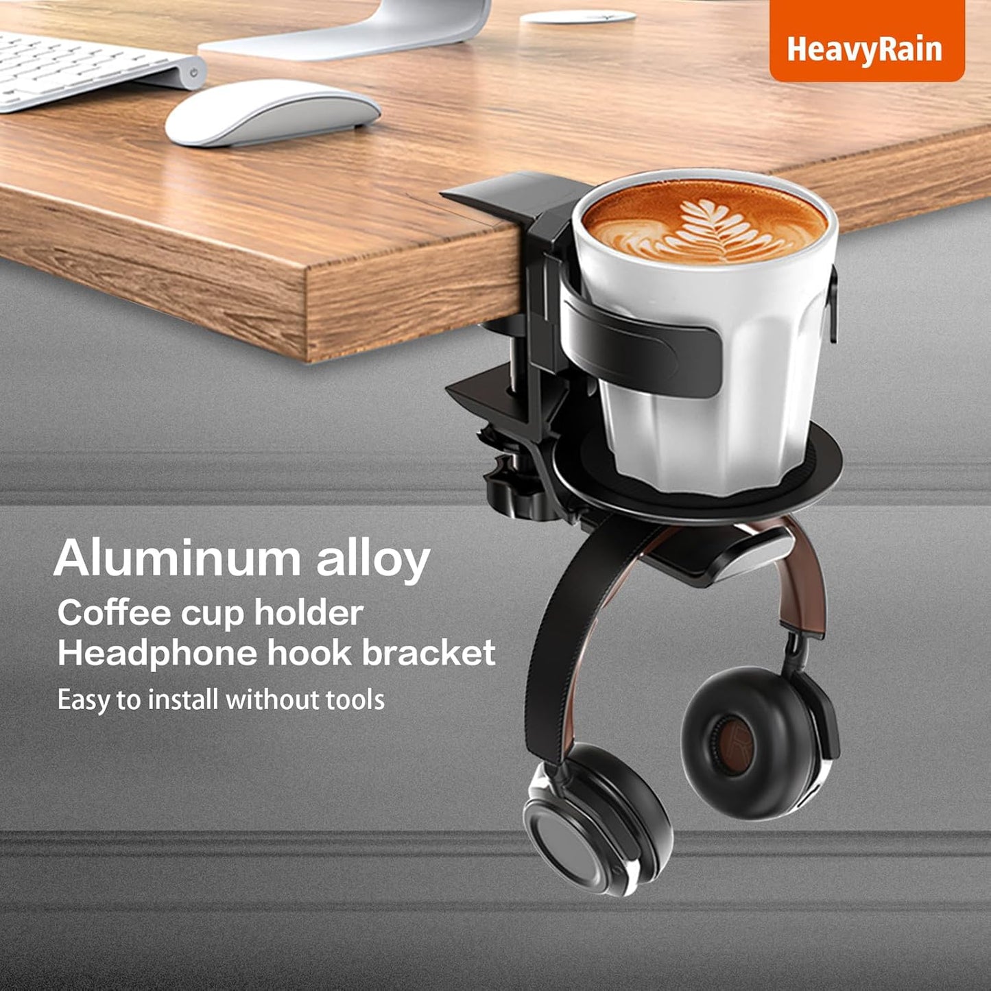 HeavyRain 3-in-1 Desk Cup Holder with Headphone Hook, Anti-Overflow Coffee Mug Holder for Desk, Sturdy Aluminum Clamp-on Cup Holder for Wheelchair, Couch, Office, Gaming Desk Accessories, Black