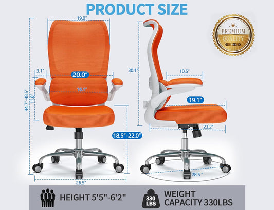 TRALT Ergonomic Office Chair - Desk Chair with Wave High Back Adjustable Lumbar Support Computer Chair - Gaming Chairs Mesh Backrest and PU Leather Seat for Home Reading Chairs to Adults (Orange)