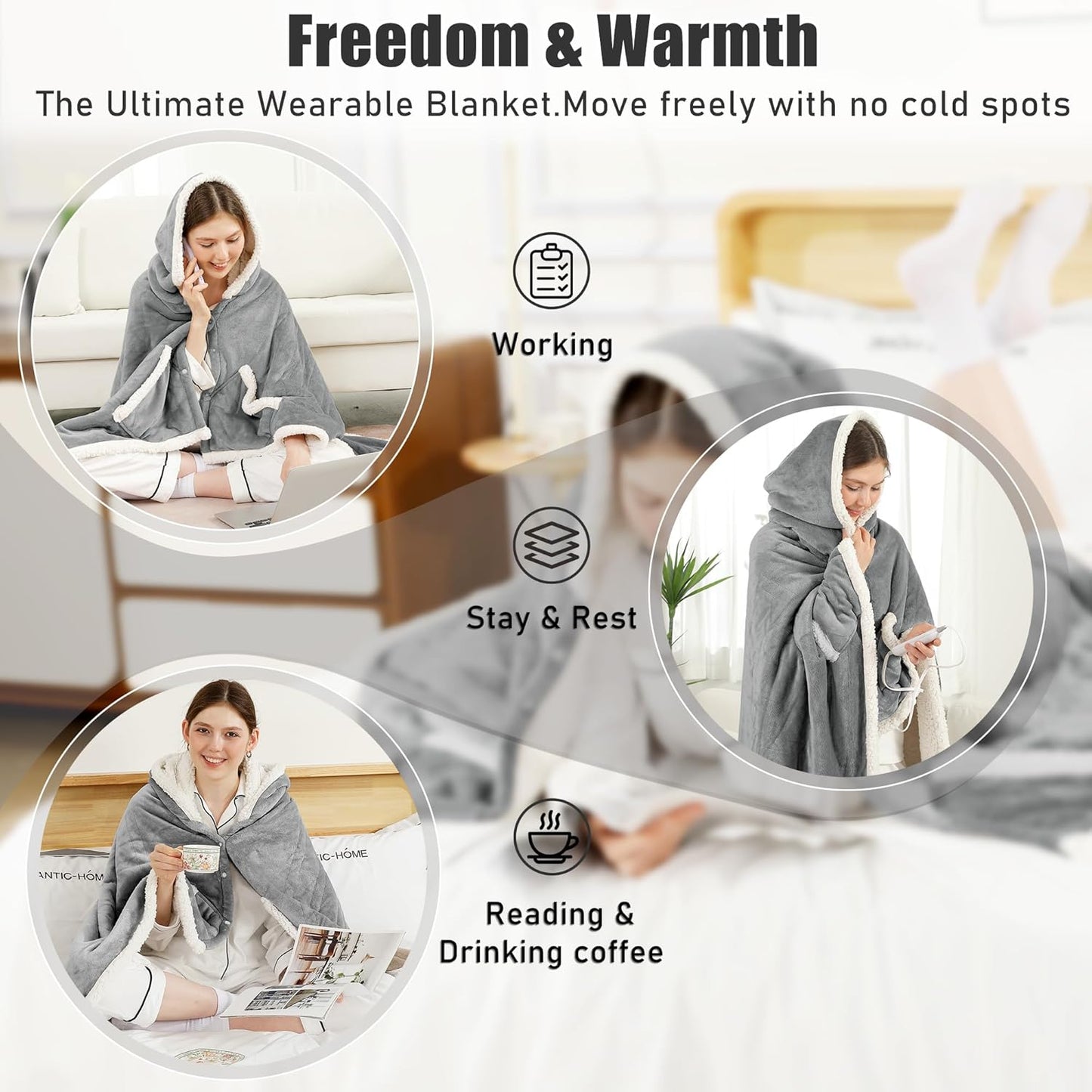 Heated Blanket Wearable Shawl - Electric Wrap Poncho Heated Throw Blanket with Hand Pockets, 50 * 64", 6 Heating Levels & 1-4H Timer, Ideal for Family, Light Grey