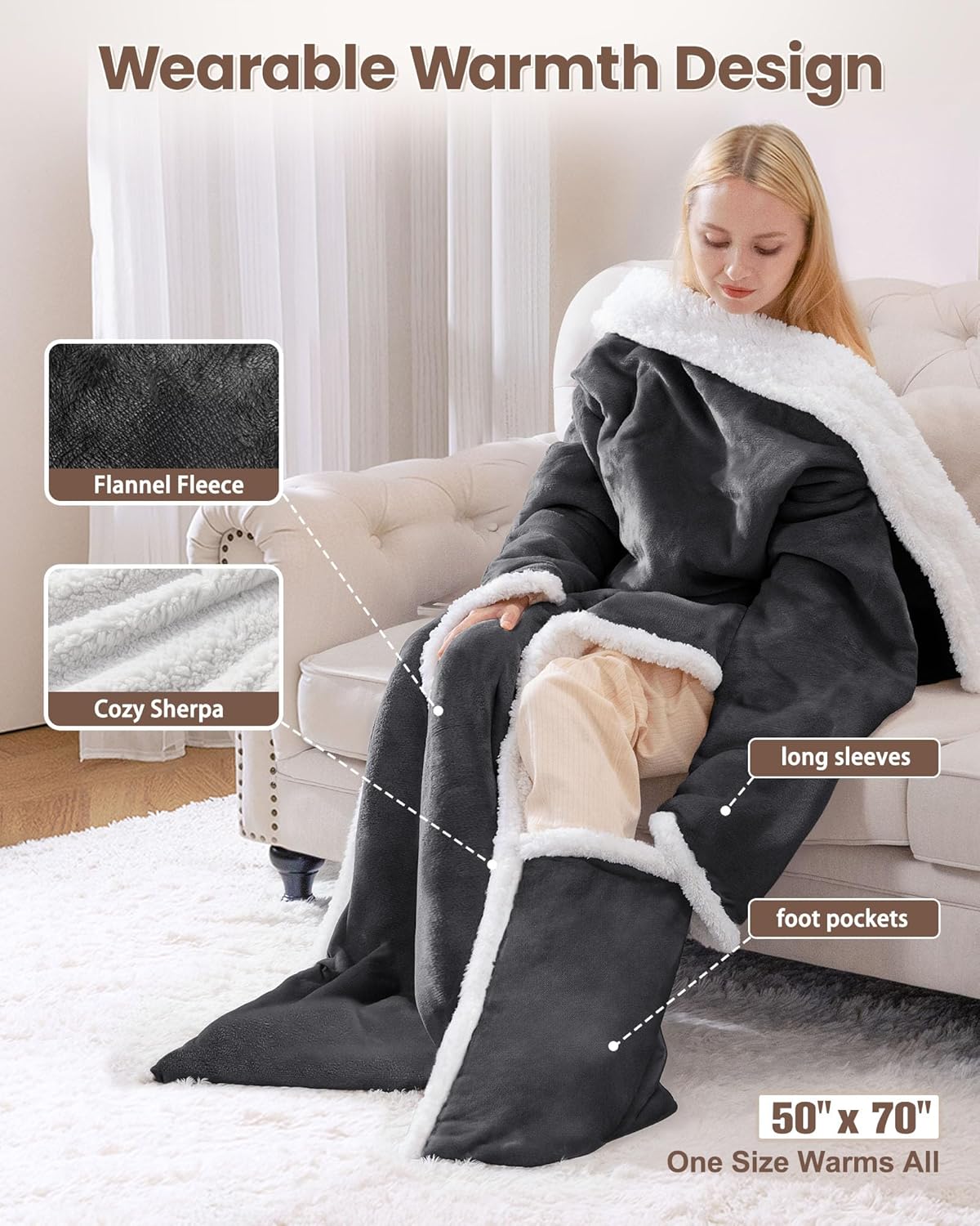 VOLISUN Wearable Heated Blanket with Foot Pocket,Electric Throw Blanket with Sleeves,9 Heating Levels & 1-10 Hours Auto Shut Off,50x70 Inch,Grey