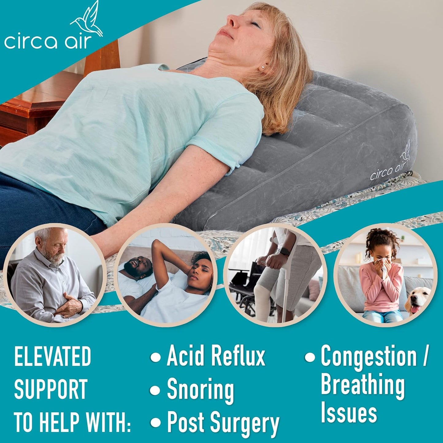 Circa Air Inflatable Wedge Pillow for Traveling - Travel Wedge Pillows for Sleeping in Bed, Acid Reflux, Sleep Apnea, Snoring for Back, Knee, Leg Elevation and Side Sleepers, Blow up Cushion