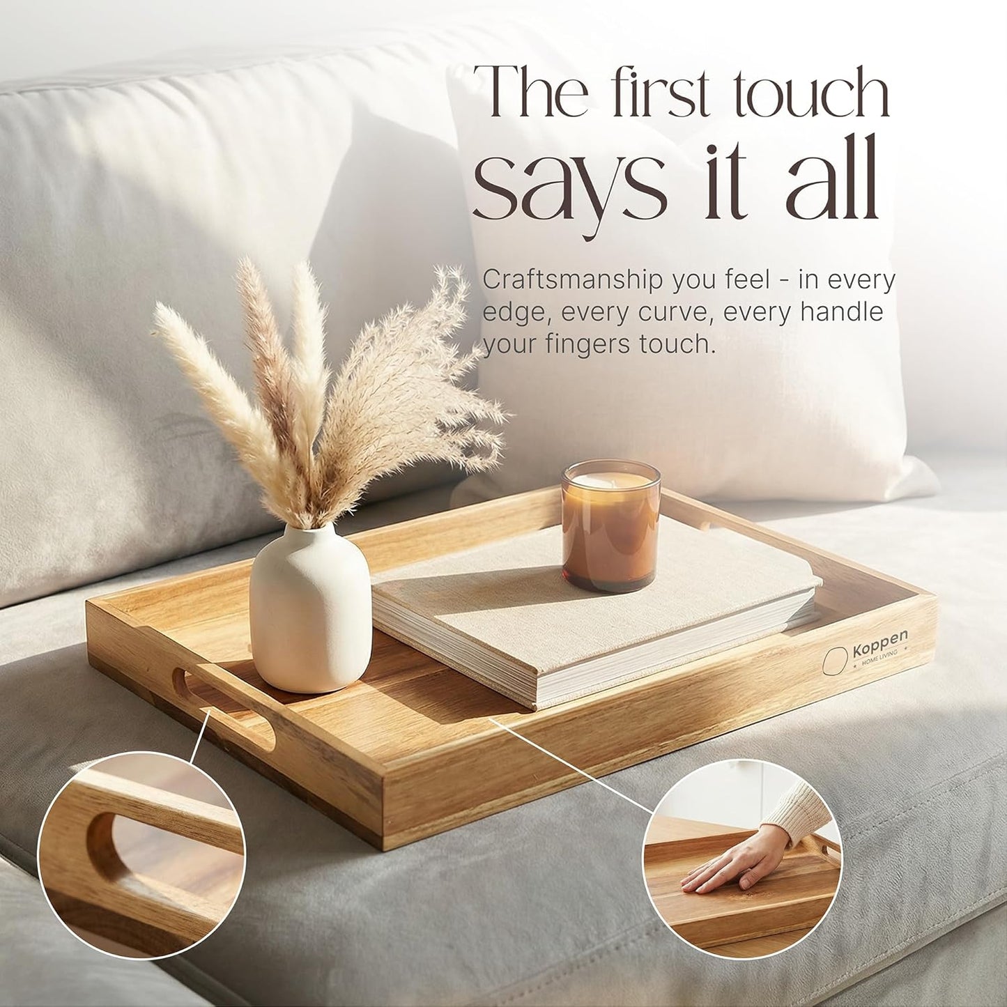 Koppen Acacia Wood Serving Tray with Handles, 17" x 13", Large Wooden Platter for Breakfast, Ottoman Tray for Party, Snacks, Fruit, Coffee Table, Living Room, Sofa, Bed, Outdoor, Natural Color