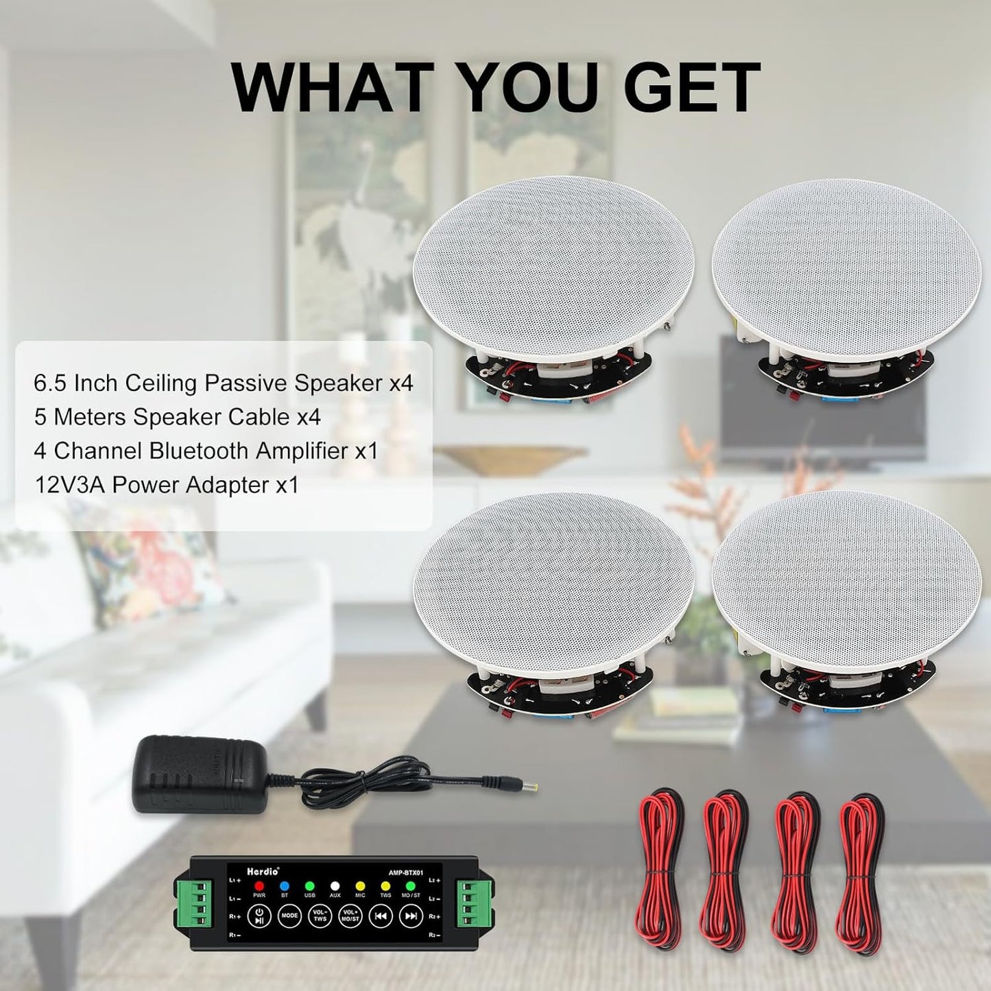 Herdio 6.5" 600 Watts Bluetooth Ceiling Speakers Wireless Home Recessed Speaker System Suitable for Indoor,Kitchen,Home Theater,Bedroom,Office,Covered Patio（4 Speakers）