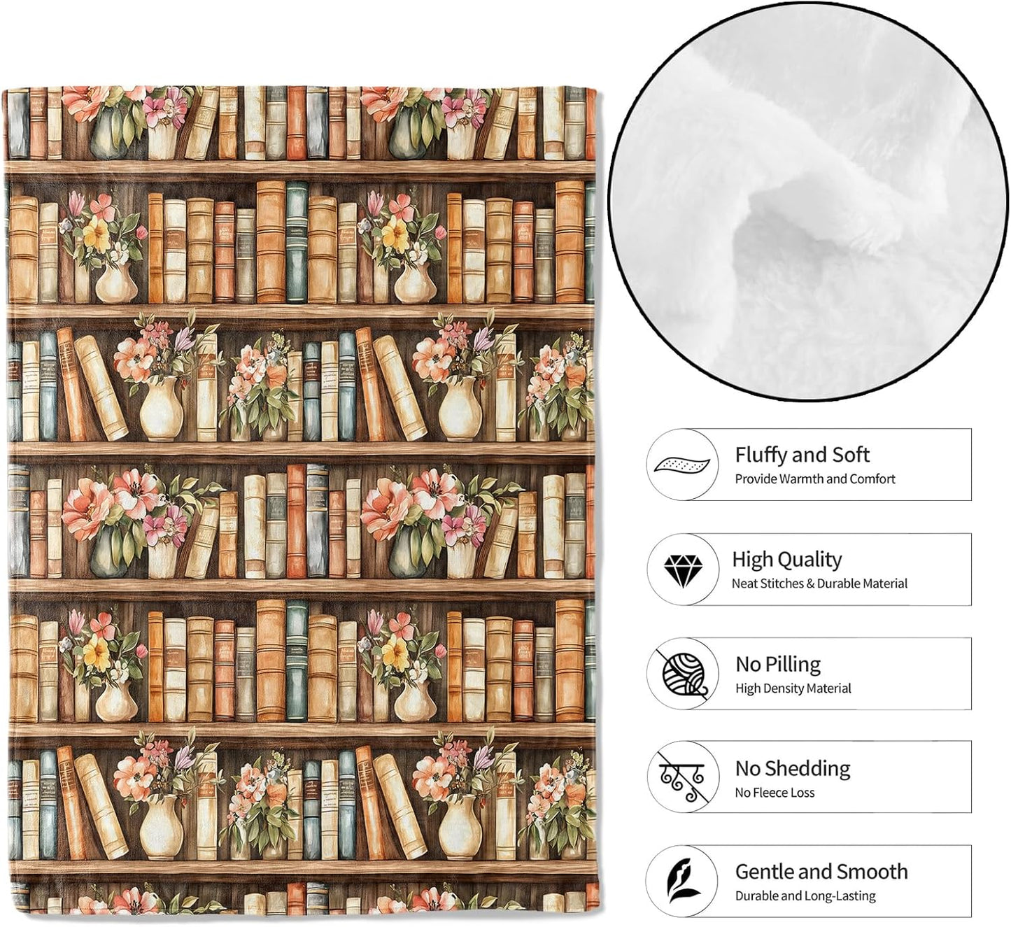 Vintage Book Throw Blanket,50x60in,Soft,Lightweight Flannel,Bookshelf and Floral Retro Blankets - Gifts for Kids Women Girls,for Couch Office Travel,Home Living Room Artistic Decor