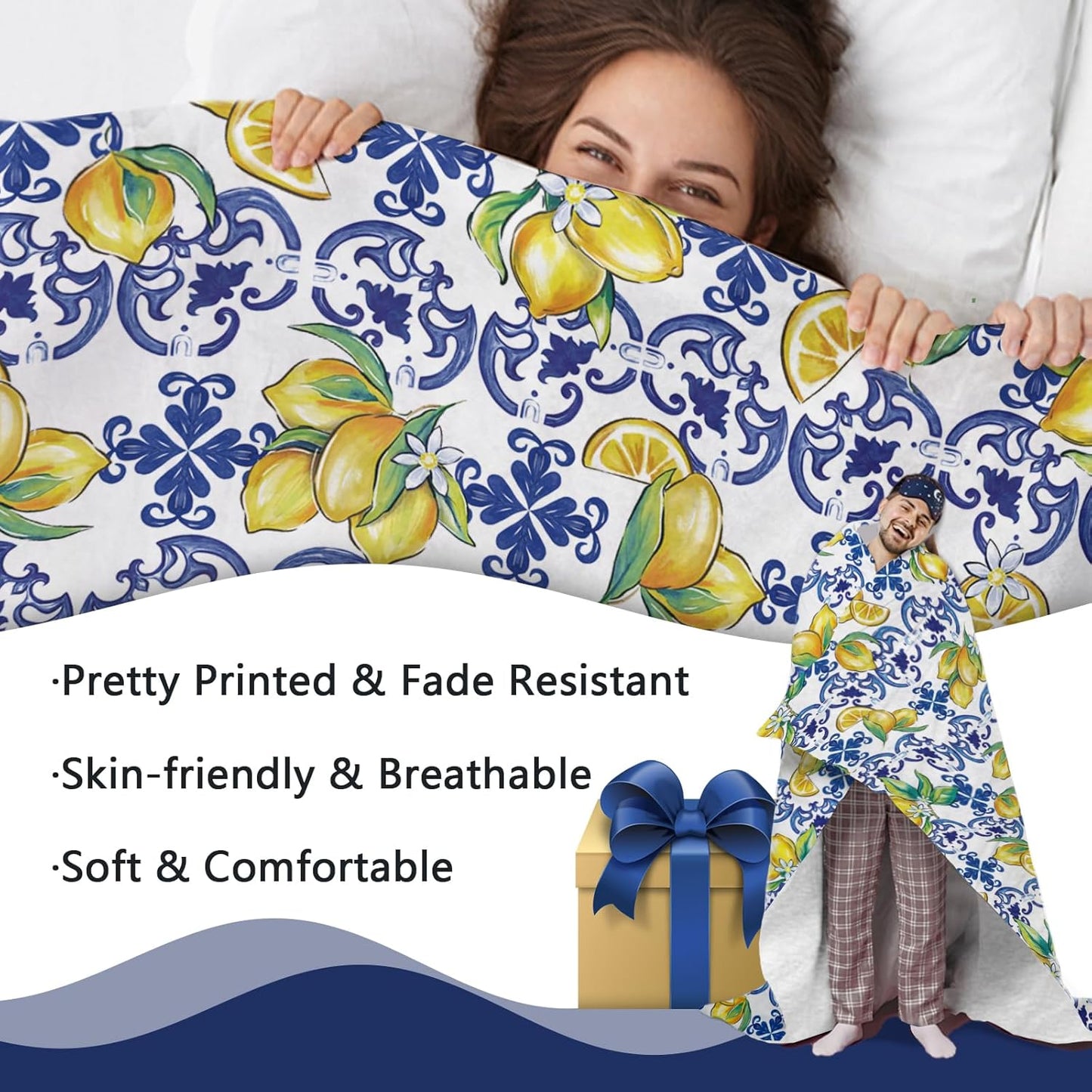 Blue Lemon Italy Flannel Throw Blanket, Amalfi Coast Capri Citrus Fruit Gifts for Kids Men Women, Summer Mediterranean Soft Blankets for Bedding Sofa 50" x 60"