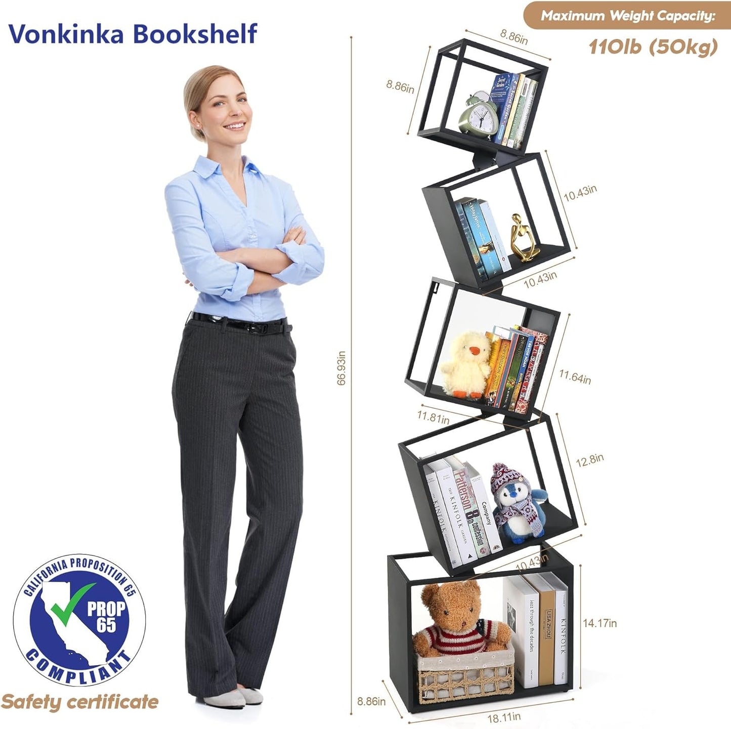 Book Shelf 5 Tier, Black Metal Bookshelf 67 Inch, Narrow Corner Bookcase Skinny Bookshelves for Bedroom, Living Room, Office, Home Decor
