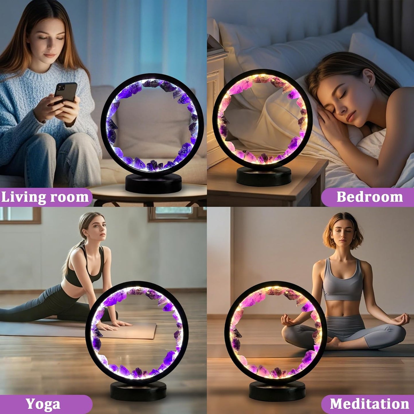 Crystals Night Light Amethyst Table Lamp,Natural Raw Amethyst Selenite Calming Lamps Crystal Healing Stone Bedside Light with 3 Color Dimming Mode,Nightlight for Office Home Decor Gift