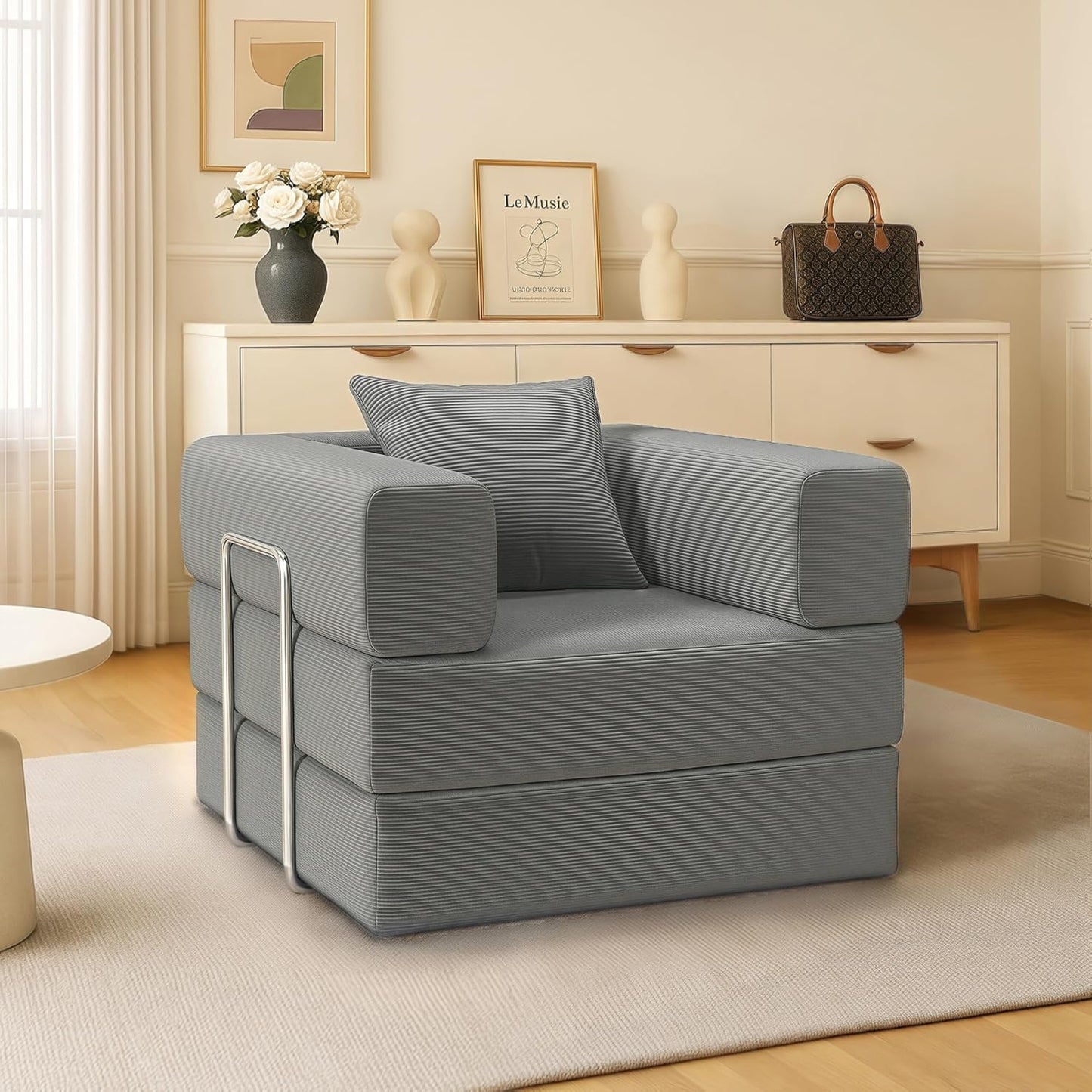 2-in-1 Floor Foldable Sofa Couch Convertible Sleeper Chaise Lounge Chair Indoor Portable Fold Out Futon Mattress with Back Support for Living Room,Bedroom (Gray, 35.43" Single Sofa)