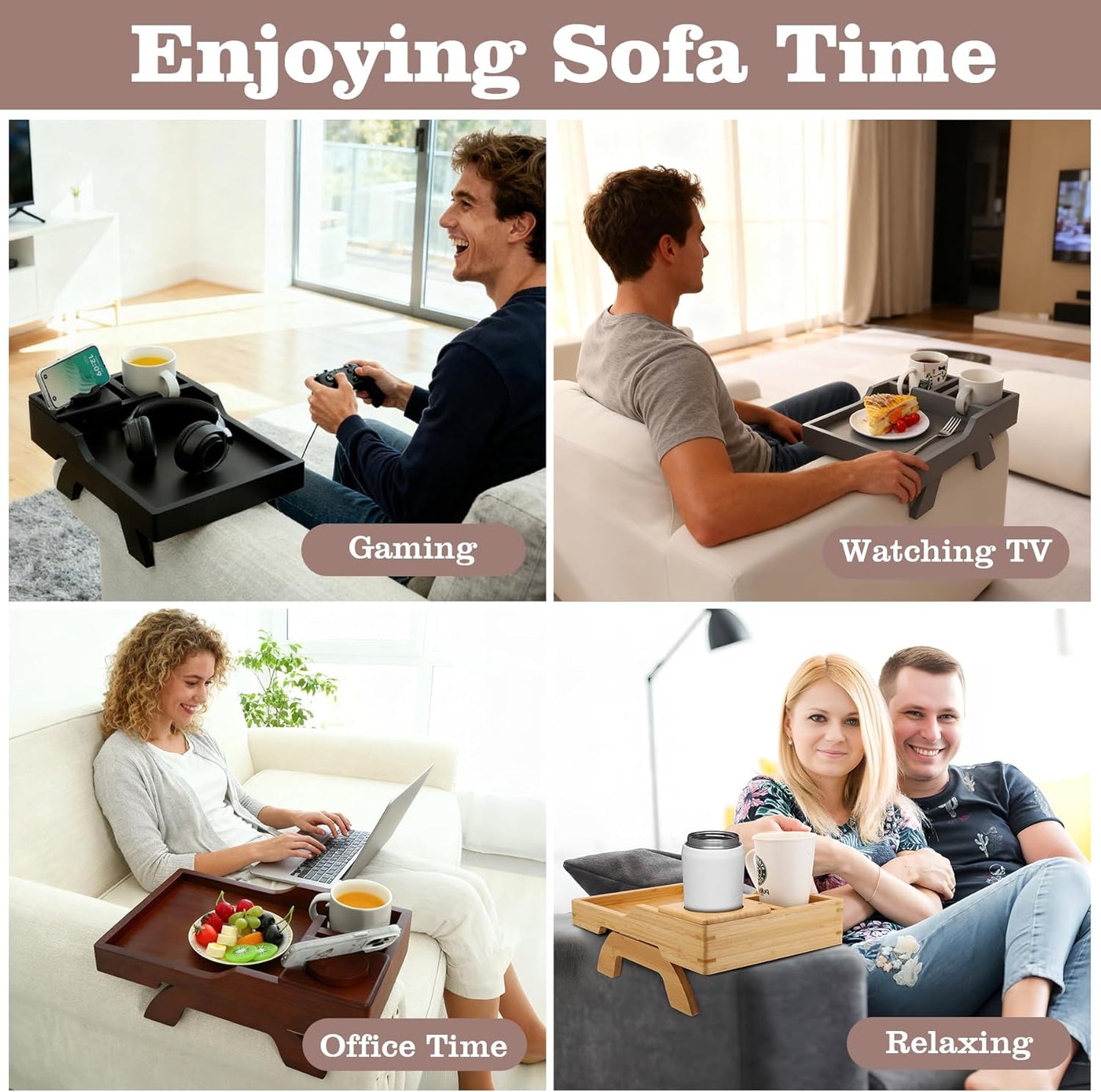 Couch Cup Holder Tray, 15.4"x9.9" Large 4 in 1 Couch Armrest Table with 360°Rotated Phone Holder, Non-Slip Clip on Side Table for Drinks/Remote/Snacks, Ideal Gift for Husband, Wife, Parents