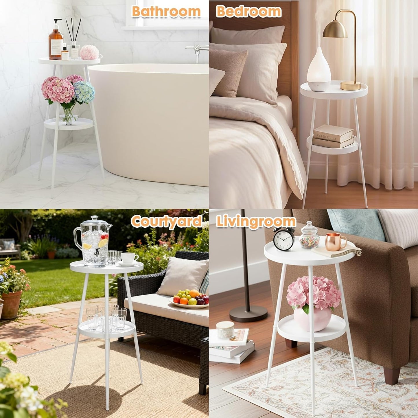 ShellKingdom Small Round Side Table, 2 Tier Metal End Table for Indoor Outdoor Bedroom Living Room Home Office Nightstand (White)