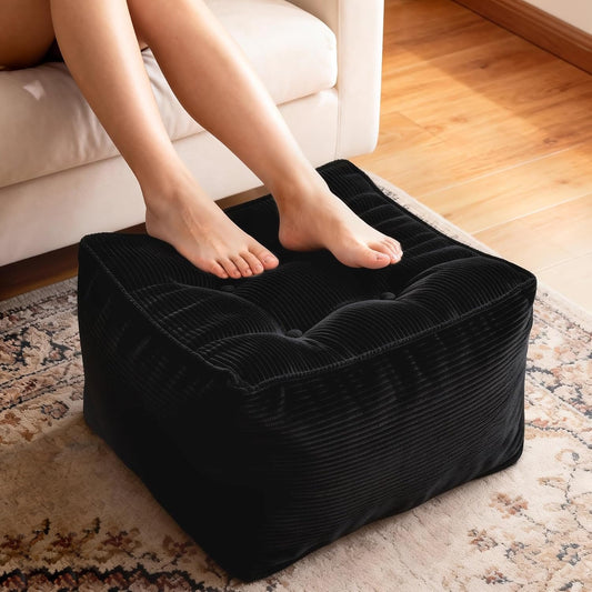 Square Corduroy Pouf Ottoman, Soft Fluffy Foot Stool with Foam Chunk Filling, Floor Pouf & Storage Ottoman for Living Room, 21.7" x 21.7" x 14", Black