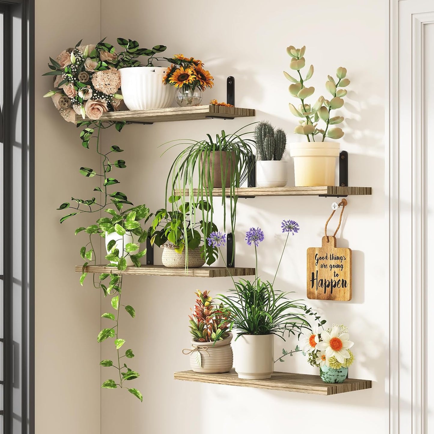 Fixwal Wall Floating Shelves for Room Decor, 4 Sets Floating Shelves for Wall Storage, Wood Wall Mounted Shelf for Bedroom Decor, Bathroom Storage, Book Shelf for Wall-Rustic Brown | for Room Decor, Floating Shelves, for Wall Storage, for Bedroom Decor, B