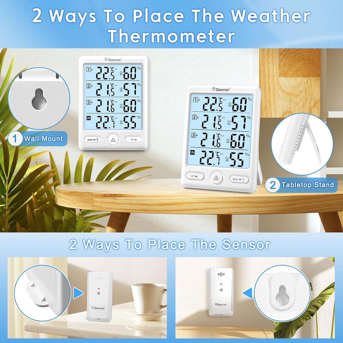 Geevon Indoor Outdoor Thermometer Wireless with 3 Remote Sensors, Digital Hygrometer Indoor Thermometer, Temperature Humidity Monitor Gauge with 200FT/60M Range (8649-WH)