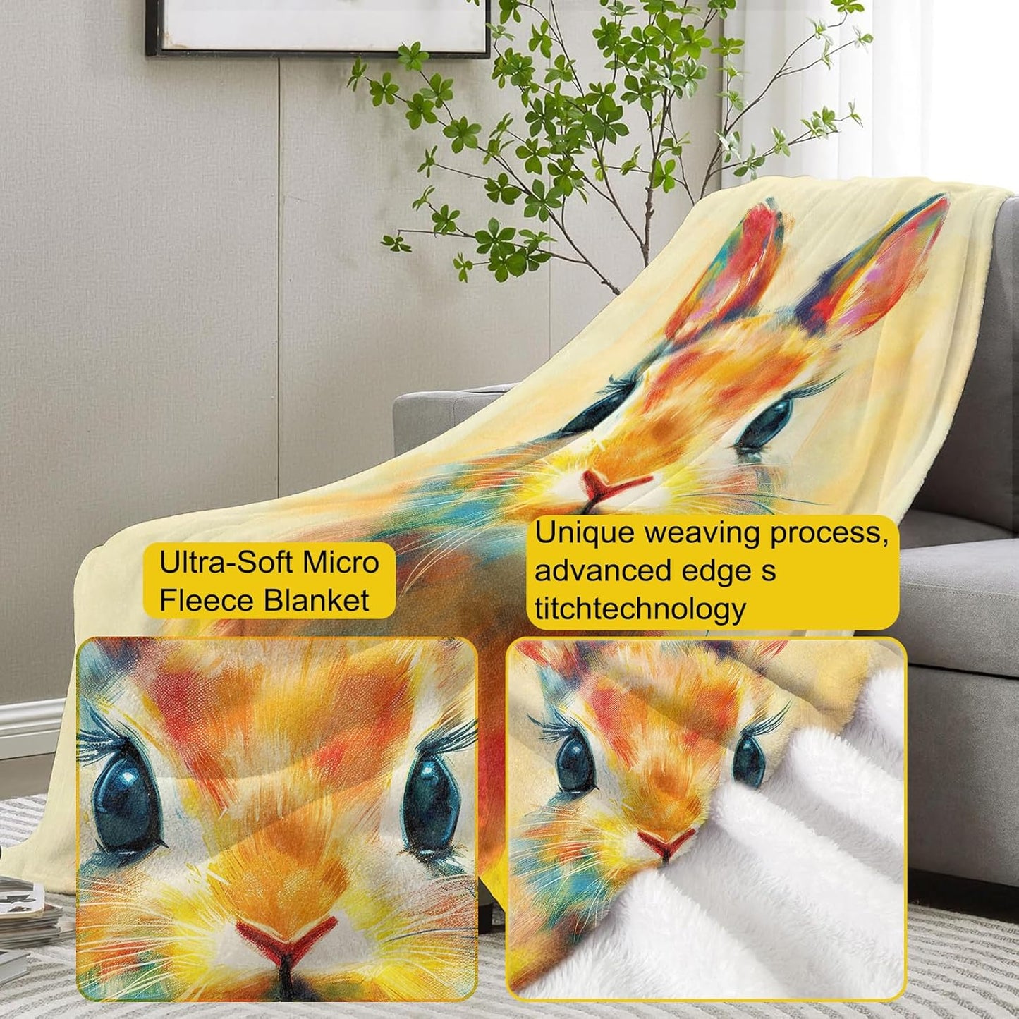 Cute Bunny Blanket, Colorful Rabbit Flannel Throw Blankets,Soft Warm Lightweight Cozy Plush Animal Throws for Bedroom Sofa Home Decor Gifts for Women Girls 50"x60"