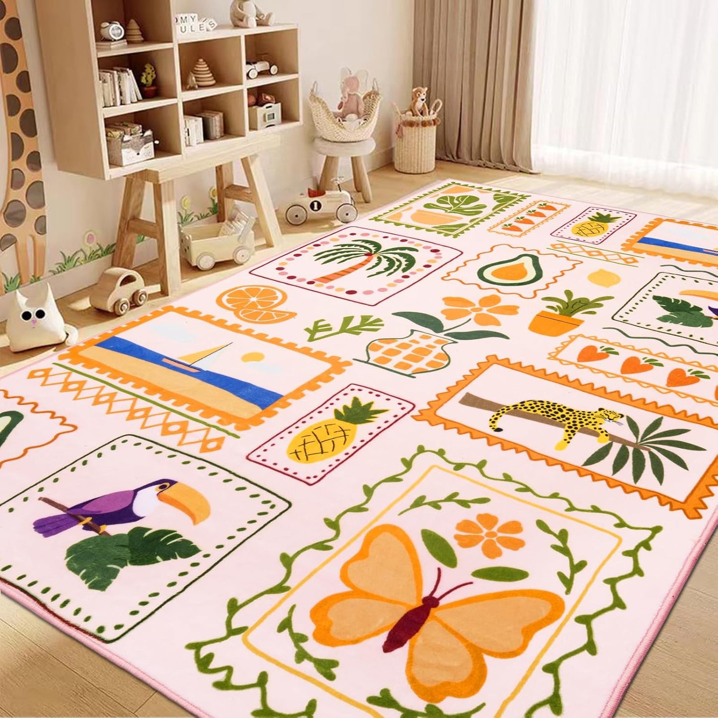 Instellar Kid's Rug for Playroom-8x10 Washable Non Slip Low Pile Area Rug,Cute Animal & Plant Patterns Carpet for Bedroom,Study,Classroom（Light Pink）