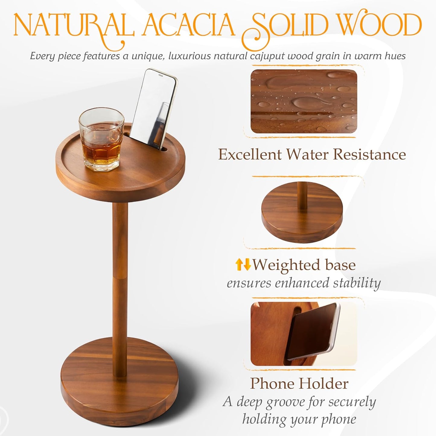 BLUEWEST Drink Table, 22" Tall Compact Side Table with Phone Slot and Weighted Base, Durable Pedestal Table Accent for Living Room, Bedroom, or Office, Cocktail and Martin (1, Acacia)