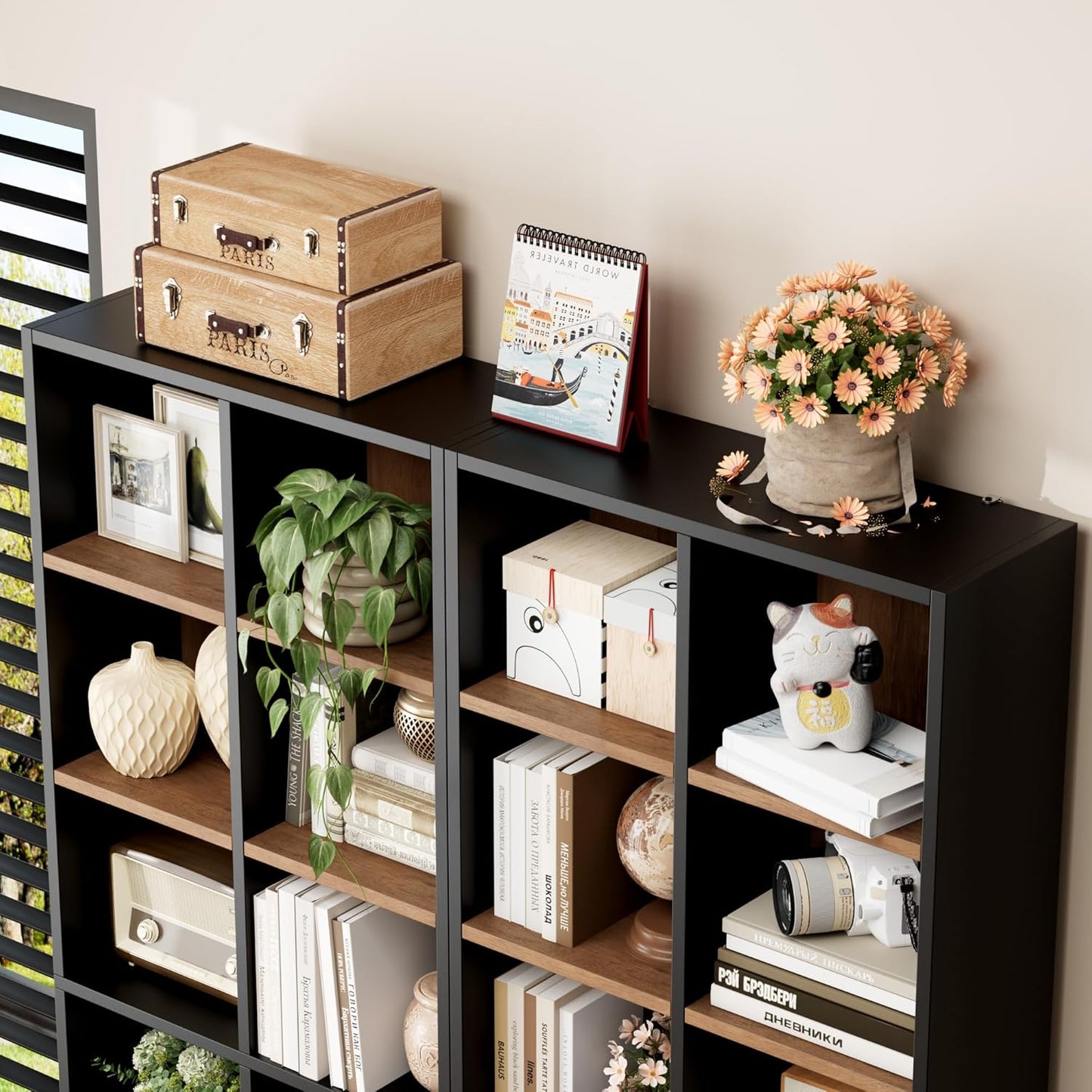 FOTOSOK 71'' Tall Bookshelf with 14 Cubes, 7 Tier Double Wide Wood Bookshelf with 6 Adjustable Shelves, 19.6" Narrow Bookcase DVD/CD Media Storage, Space Saving Display Shelf Cabinet, Black/Brown