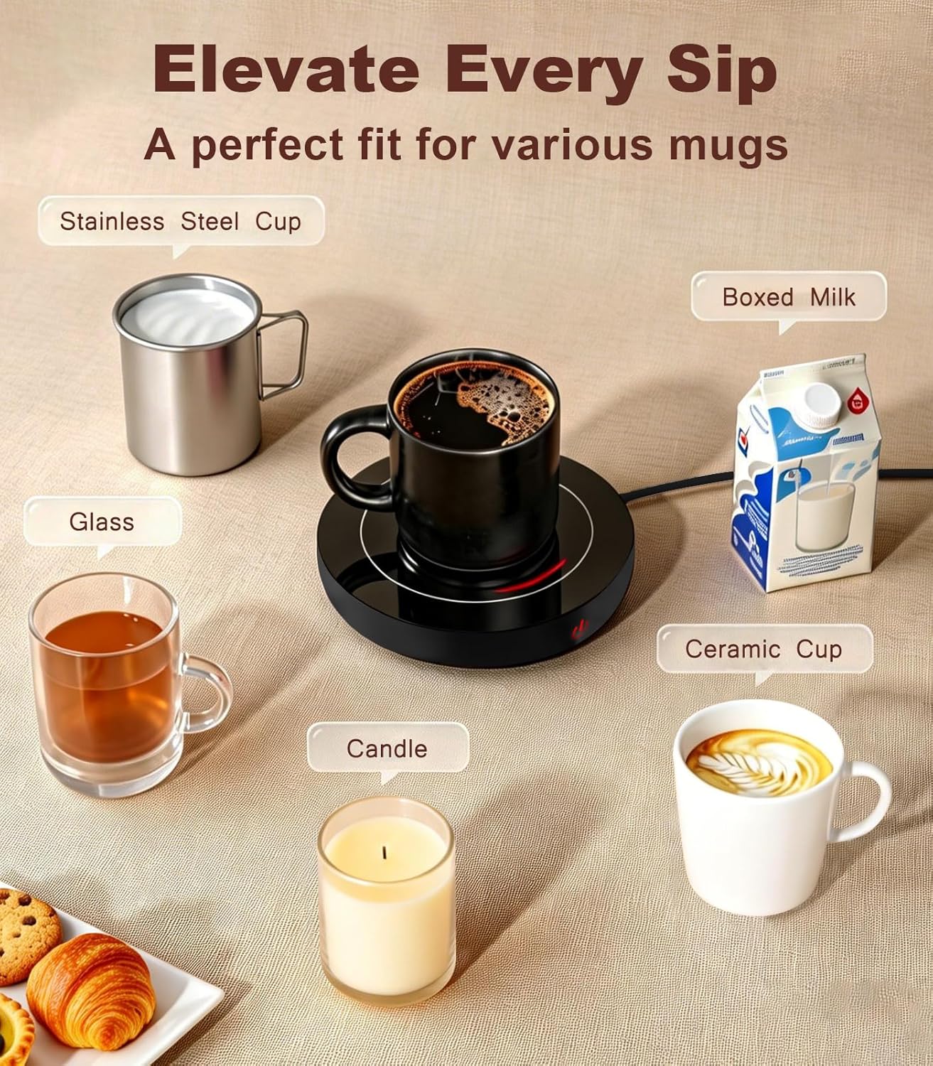 Kepwam Coffee Mug Warmer for Desk, 3-Temp Fast Heating Cup Warmer with 6H Auto Shut Off, LED Light & Smart Candle Warmer for All Beverages, Ideal Gifts for Women Men