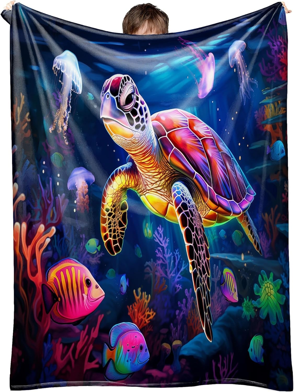 Sea Turtle Throw Blanket for Boys Girls Ocean Fish Flannel Blankets for Kids Toddler Bed Couch Living Room Sofa, Super Soft Cozy, 50x60 in