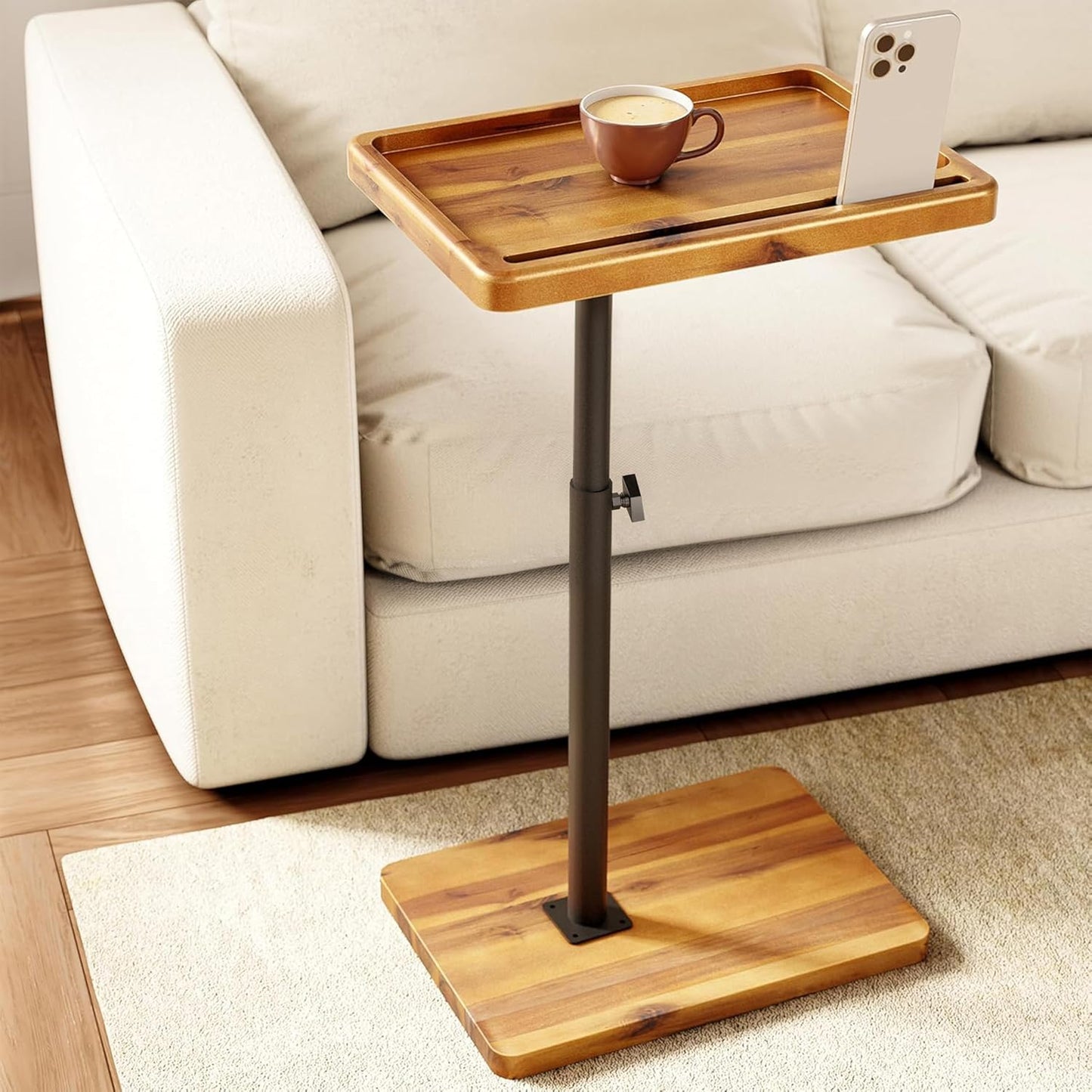 HOLANA Acacia Wood Adjustable C-Shaped Couch Table – 360° Swivel Side Table for Sofa - Small End Table for iPad, Laptop, or TV Tray – Eating Trays for Living Room or Bedside Use (Acacia)