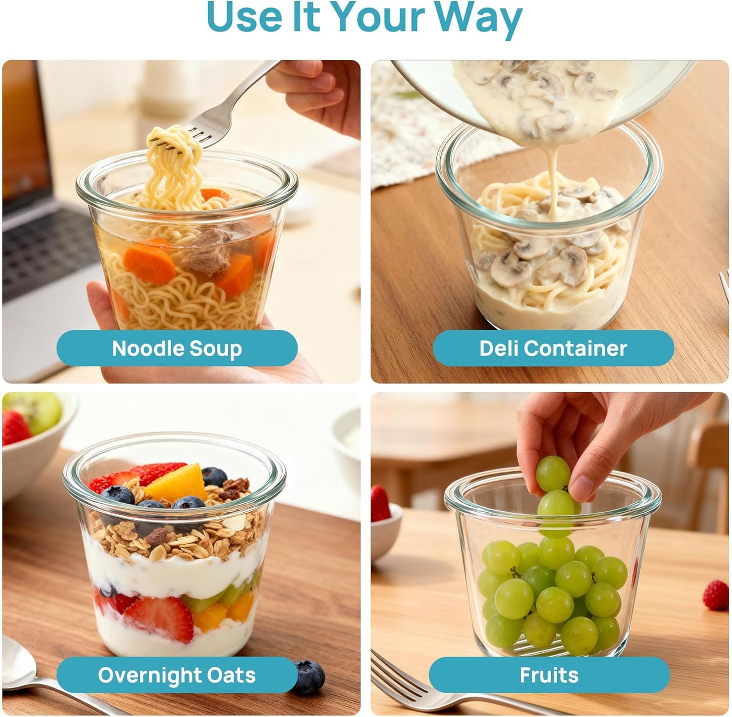 Vtopmart 5Pack 24oz Glass Storage Containers with Lids, Glass Meal Prep Food Container Sets with Snap Airtight Lids for Microwave, Oven, Freezer and Dishwasher, Green, Round