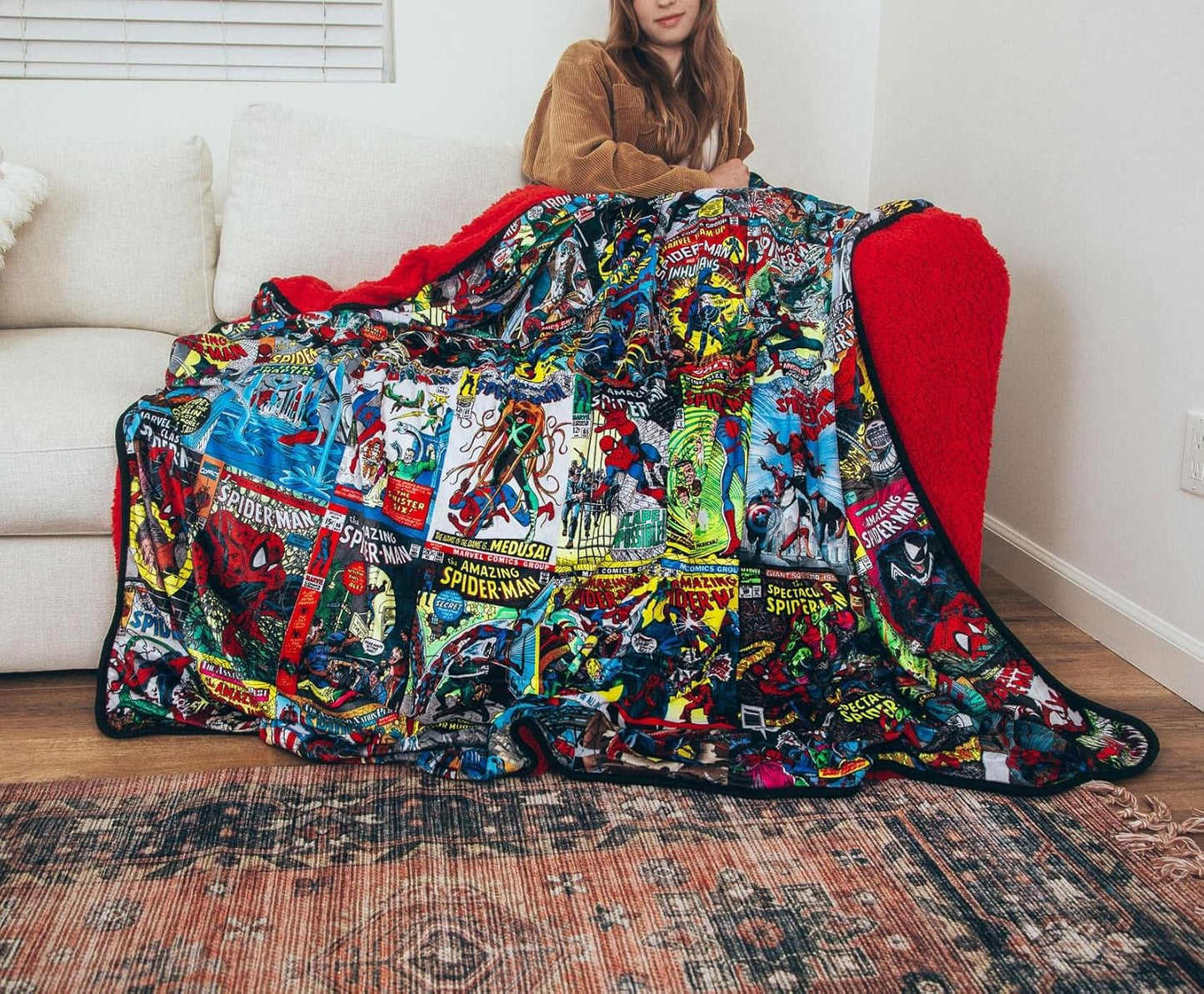 Marvel Spider-Man 60th Anniversary Special Edition Fleece Throw Blanket with Red Sherpa Backing | Plush Soft Polyester Cover for Sofa and Bed, Cozy Home Decor, Luxury Room Essentials | 72 x 67 Inches