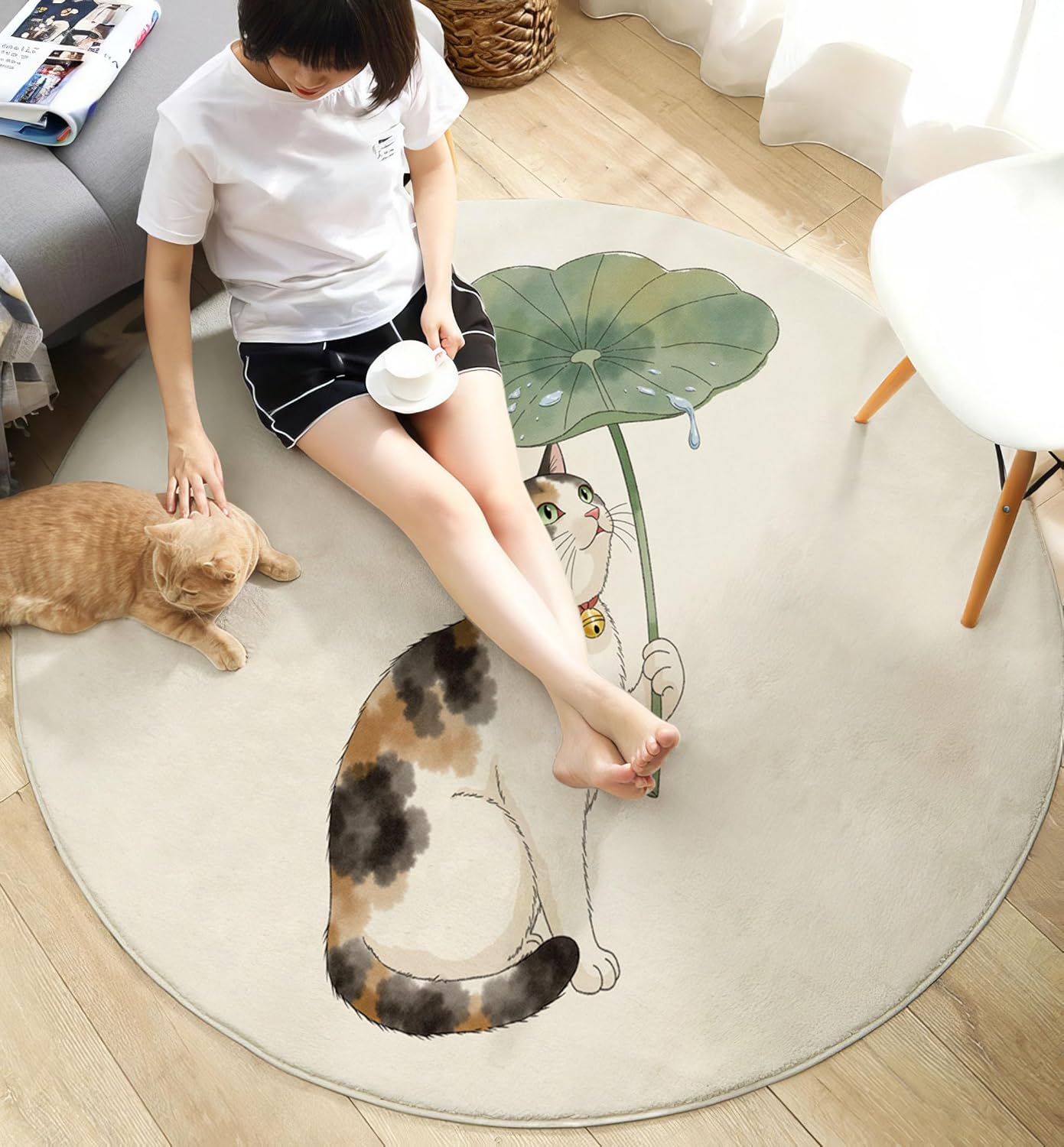 Watercolor Lotus Leaf Cat Round Rugs 3Ft, Chinese Animal Round Living Room Area Rug, Washable Large Soft Circle Rug for Bedroom, Non Slip Ultra Thin Floor Carpet for Dining Room, Cream Color
