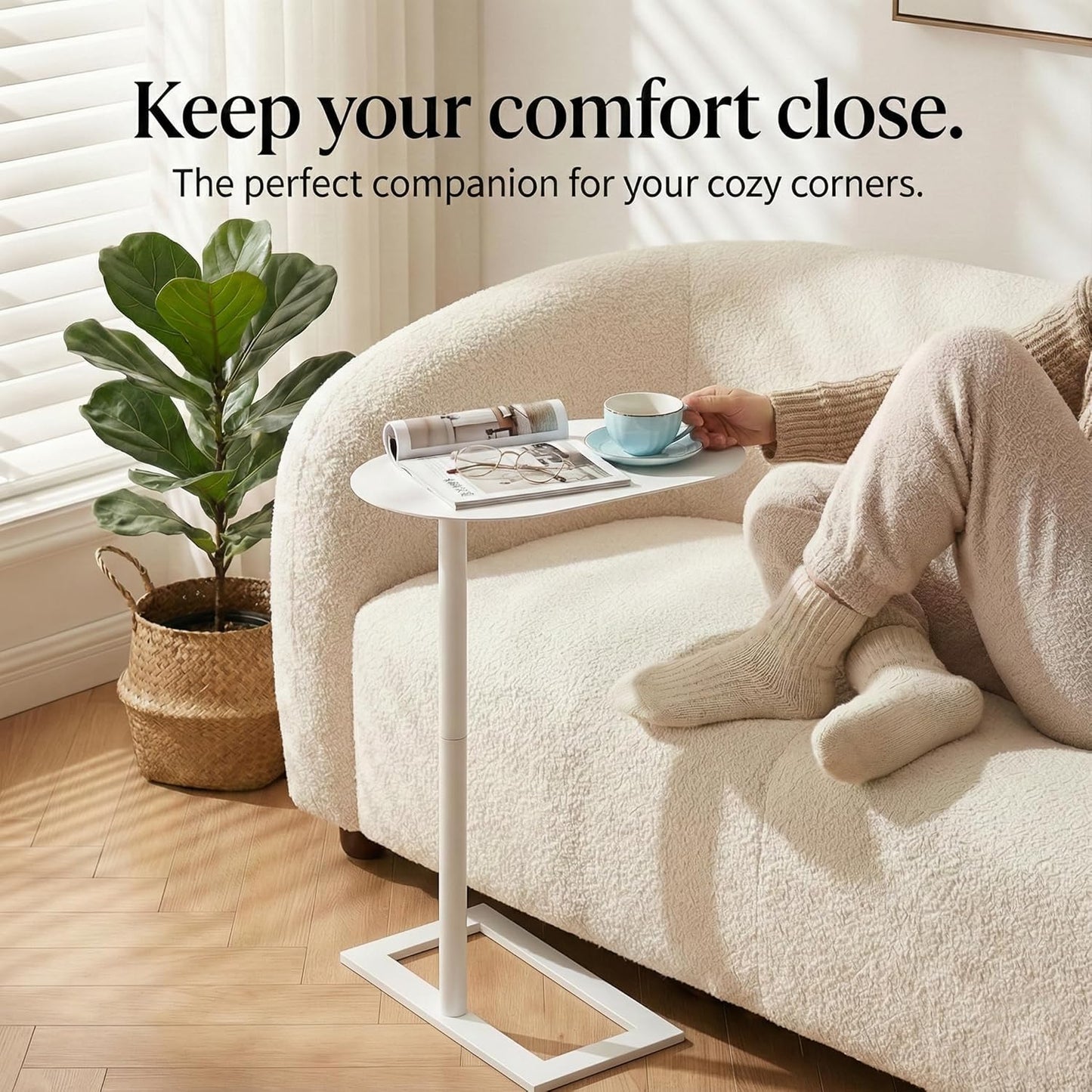 Stable C Table End Table, 27.5" Tall C Shaped Side Table That Slides Under Sofa, Slim Under Couch Table, Modern Industrial Coffee Tray Table for Living Room Bedroom (Large White)