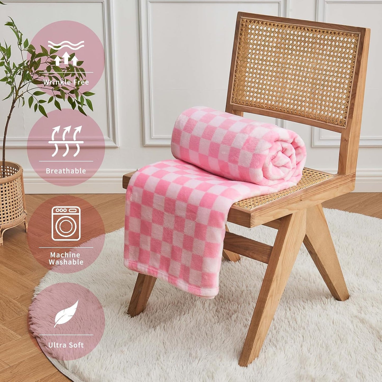 FY FIBER HOUSE Baby Pink Throw Blanket for Couch Checkered Blanket Gingham Pattern Blankets Funky Home Decor, 50"x60"