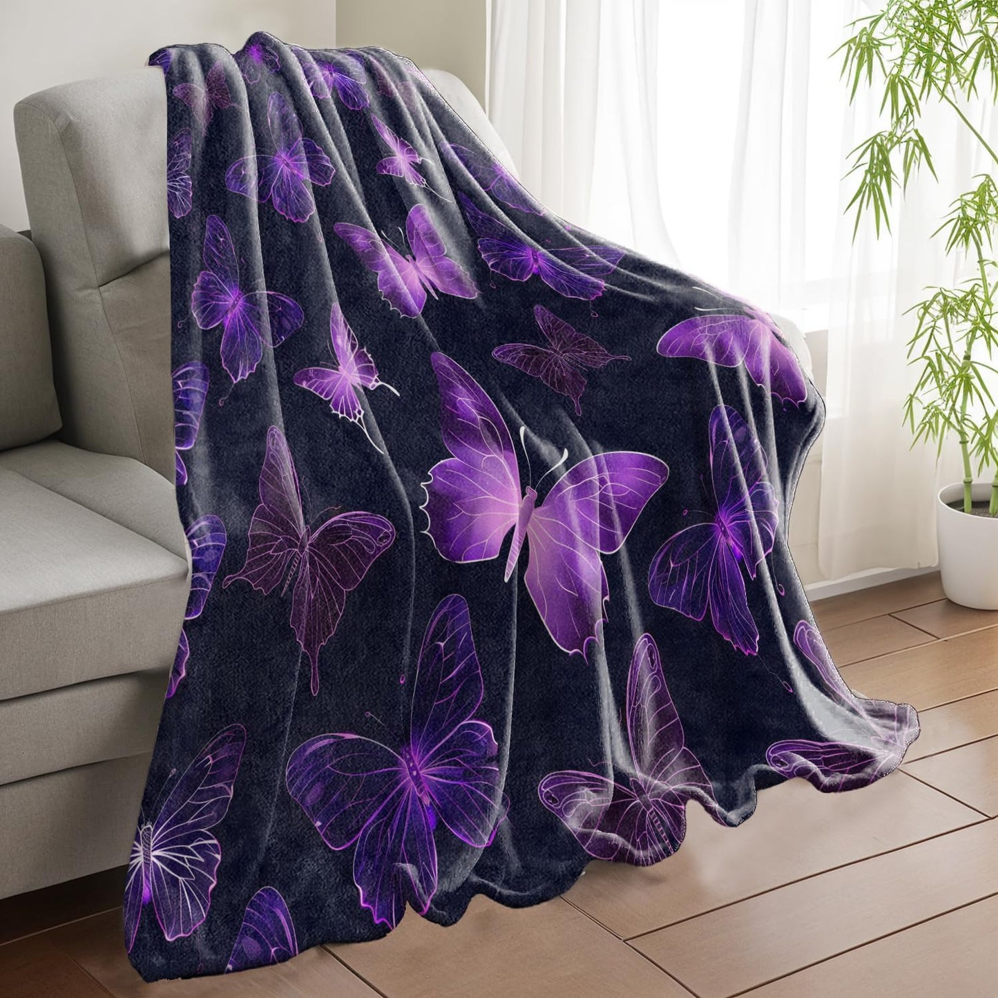 Fantasy Purple Butterfly Throw Blanket, Glowing Insect Flannel Blankets Gifts for Girls Women and Nature Lovers, Home Decor Throws for Couch Bed Camping Travel Living Room Bedroom, 50x60 Inch