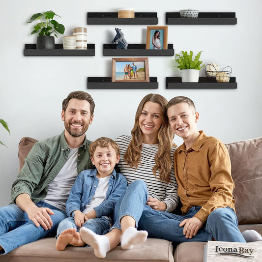 Icona Bay 16 Inch Floating Shelves for Wall - Set of 6 in Ebony Black - Modern Rustic Style - Wall Mounted Display Shelves - Picture Ledges