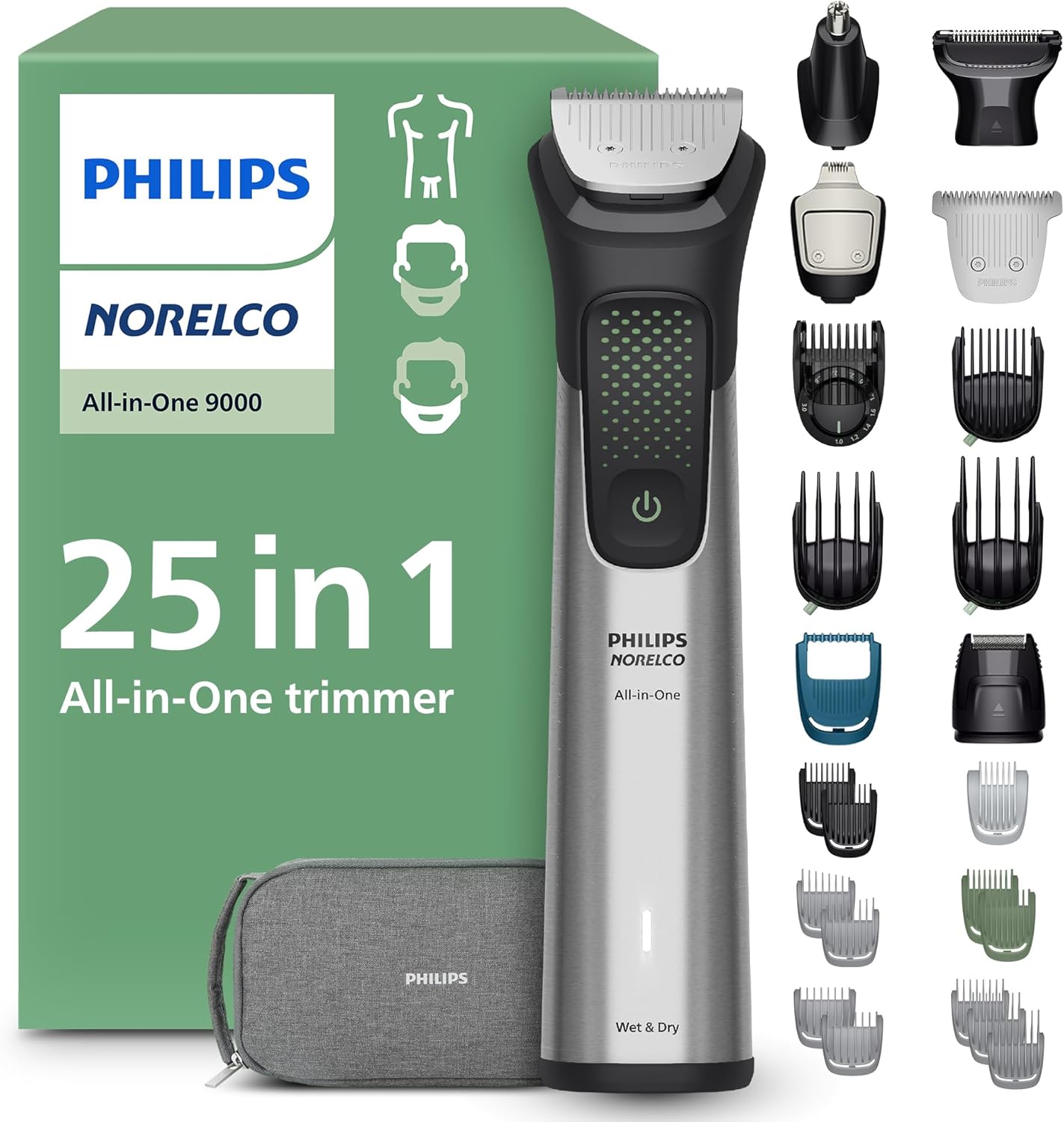 Norelco Philips All-in-One 9000 Series 25-Piece Trimmer - Electric Shaver and Clipper for Face, Beard, Head & Body, Self-Sharpening Full Metal Blades, 27 Length Settings (0.5-20 mm), MG9580/40