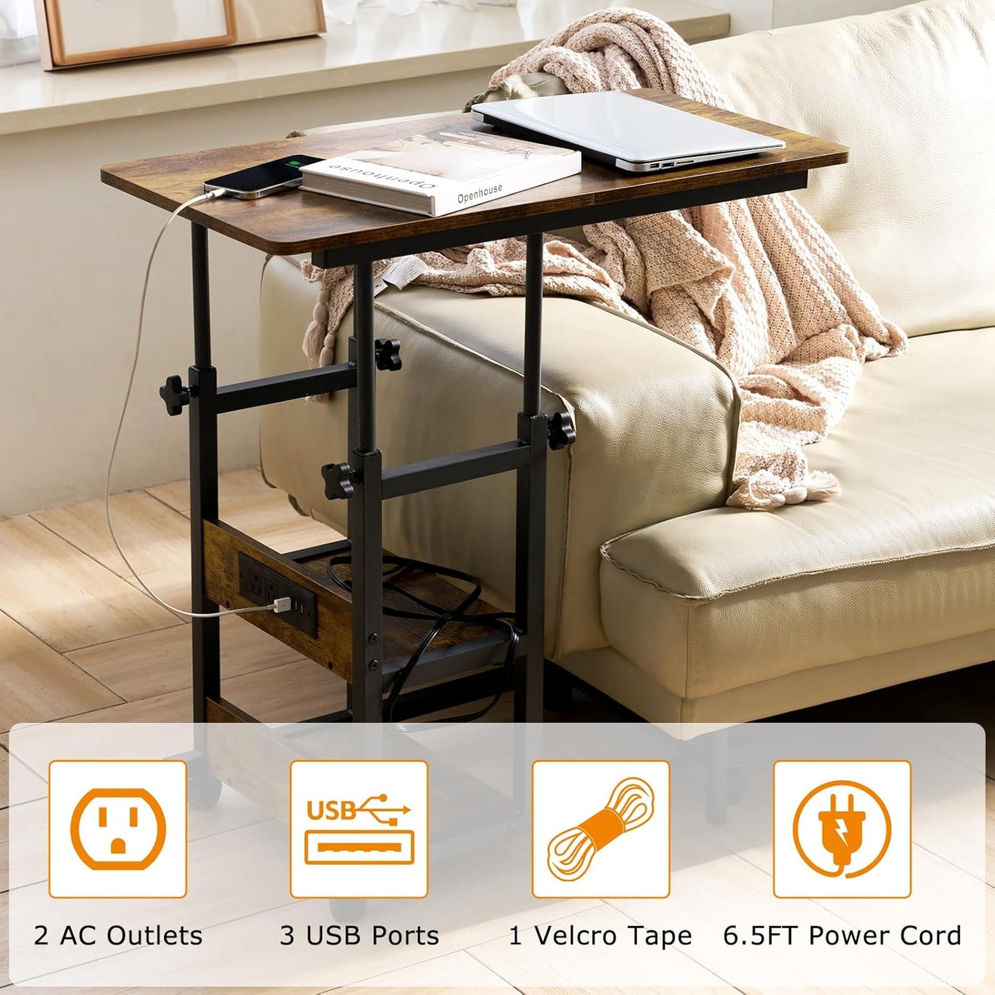 C Shaped End Table Height Adjustable - Couch Side Table with Charging Station, TV Tray with Wheels Slide Under Sofa for Small Spaces, Living Room Bedroom, Rustic Brown