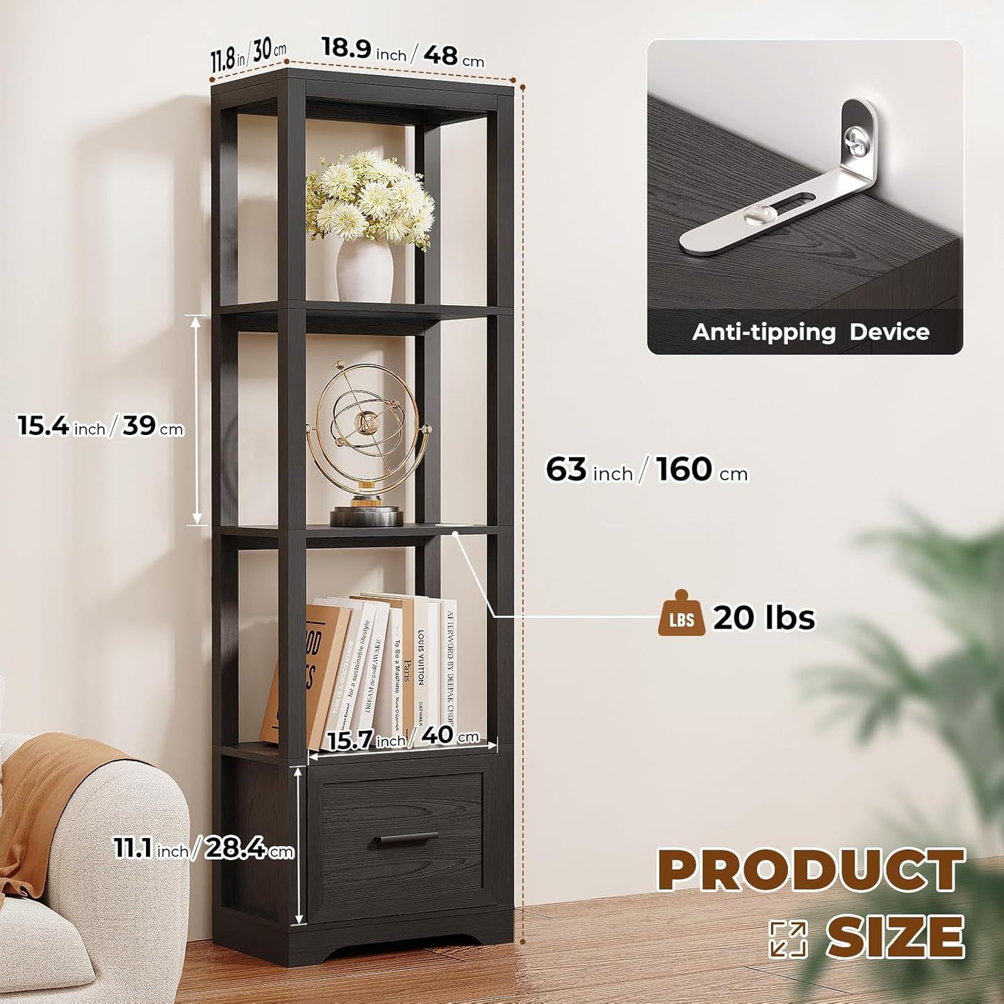 Display Shelf with 3 Color Light, Bookshelf with Drawer, Dimmable Display Cabinet for Collectibles, Bookcase, Display Case for Books, Trophies, Toys, Black
