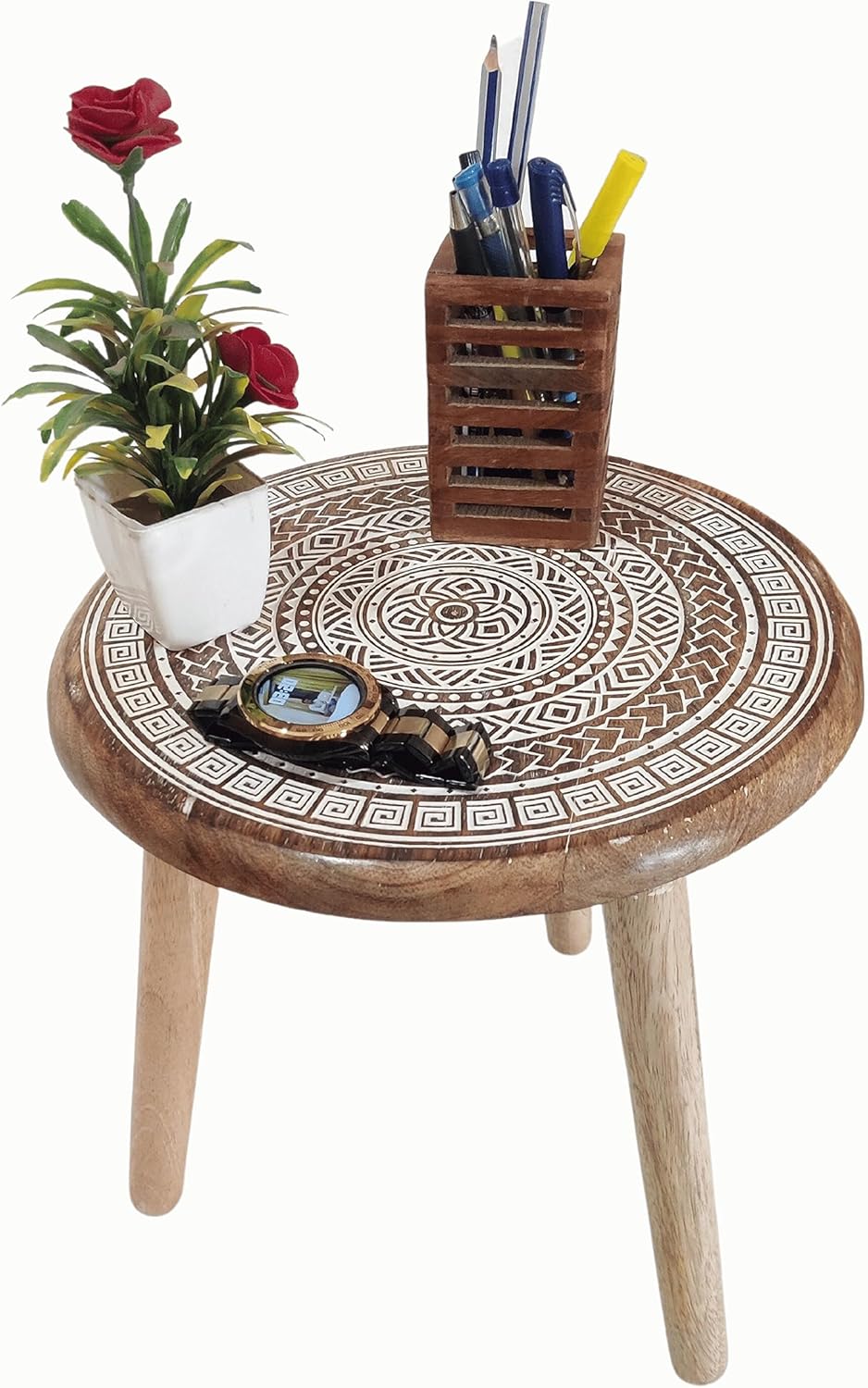 VANIYA CRAFTS® Wooden Engraved Fold-able Side Table/End Table/Plant Stand/Stool for Living Room Bedroom Restaurant Kids Play Furniture Table Round Shape (Natural White 2)