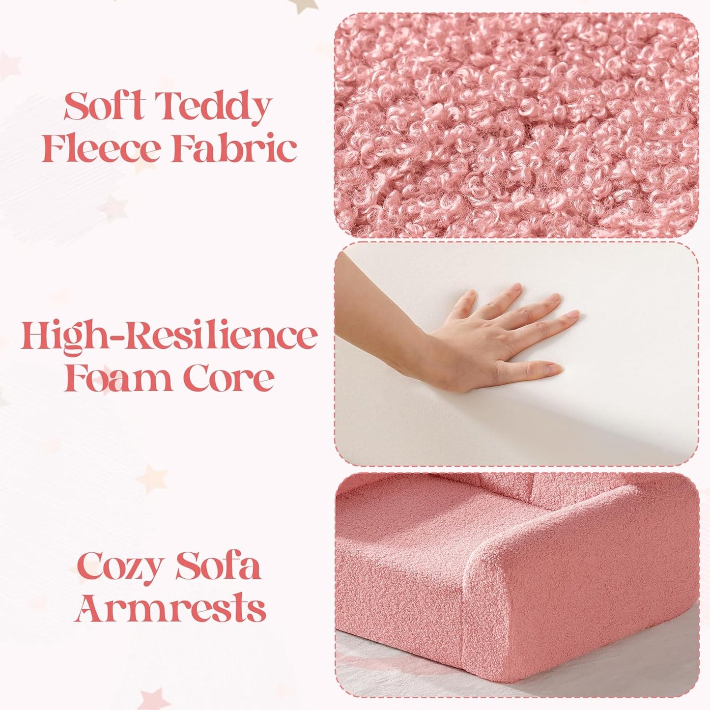 ROBUD Toddler Chair, Comfy Kids Sofa with Teddy Fleece, High Resilience Sponge, and Hidden Storage Pocket, Toddler Couch with Princess Style Design, Kids Couch for Boys and Girls, Pink