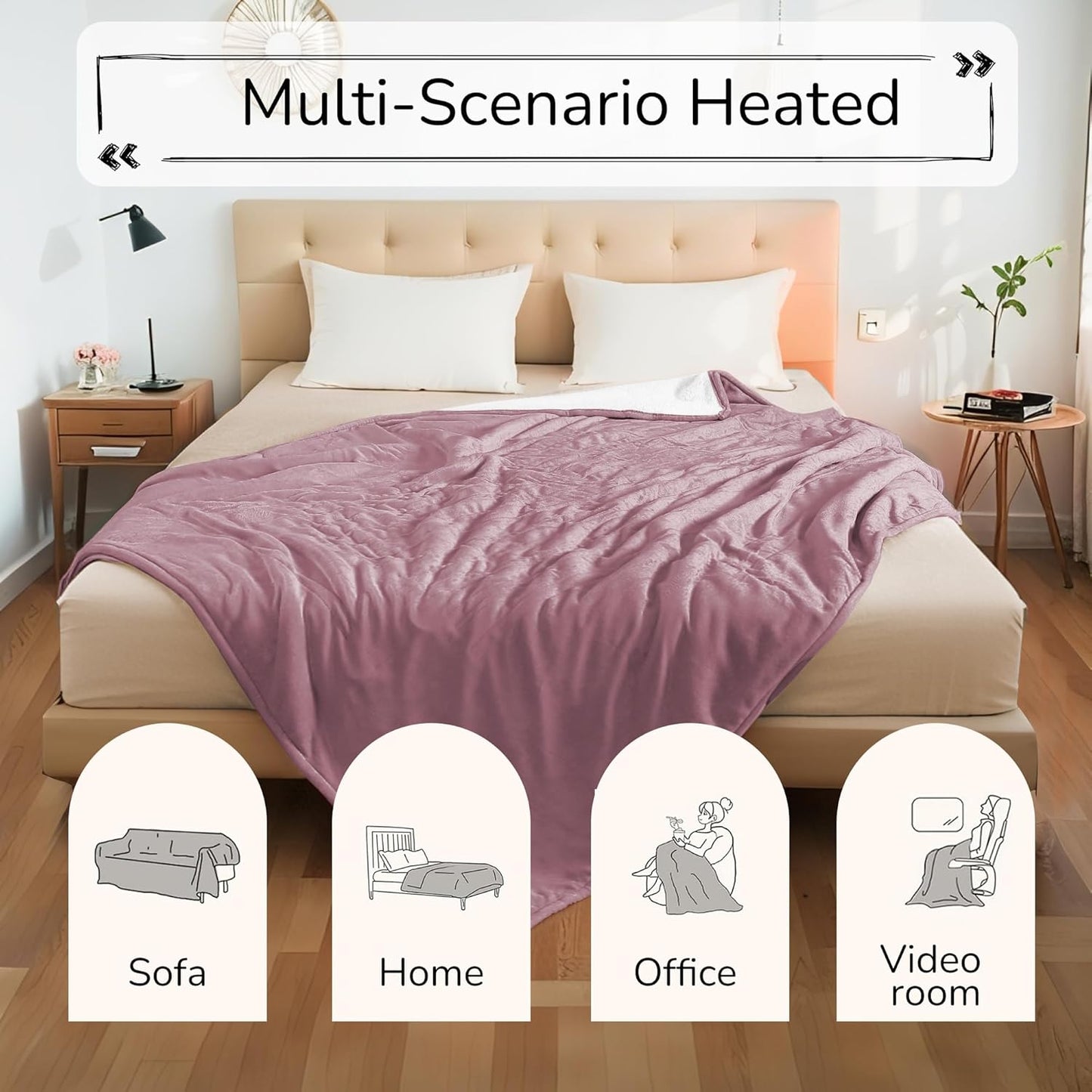 Electric Heated Blanket 72"x84" Full Size - Dual-Sided with Microplush & Sherpa Fabric, 4 Heat Settings & 10 Hours Auto Off, Machine Washable - Berry