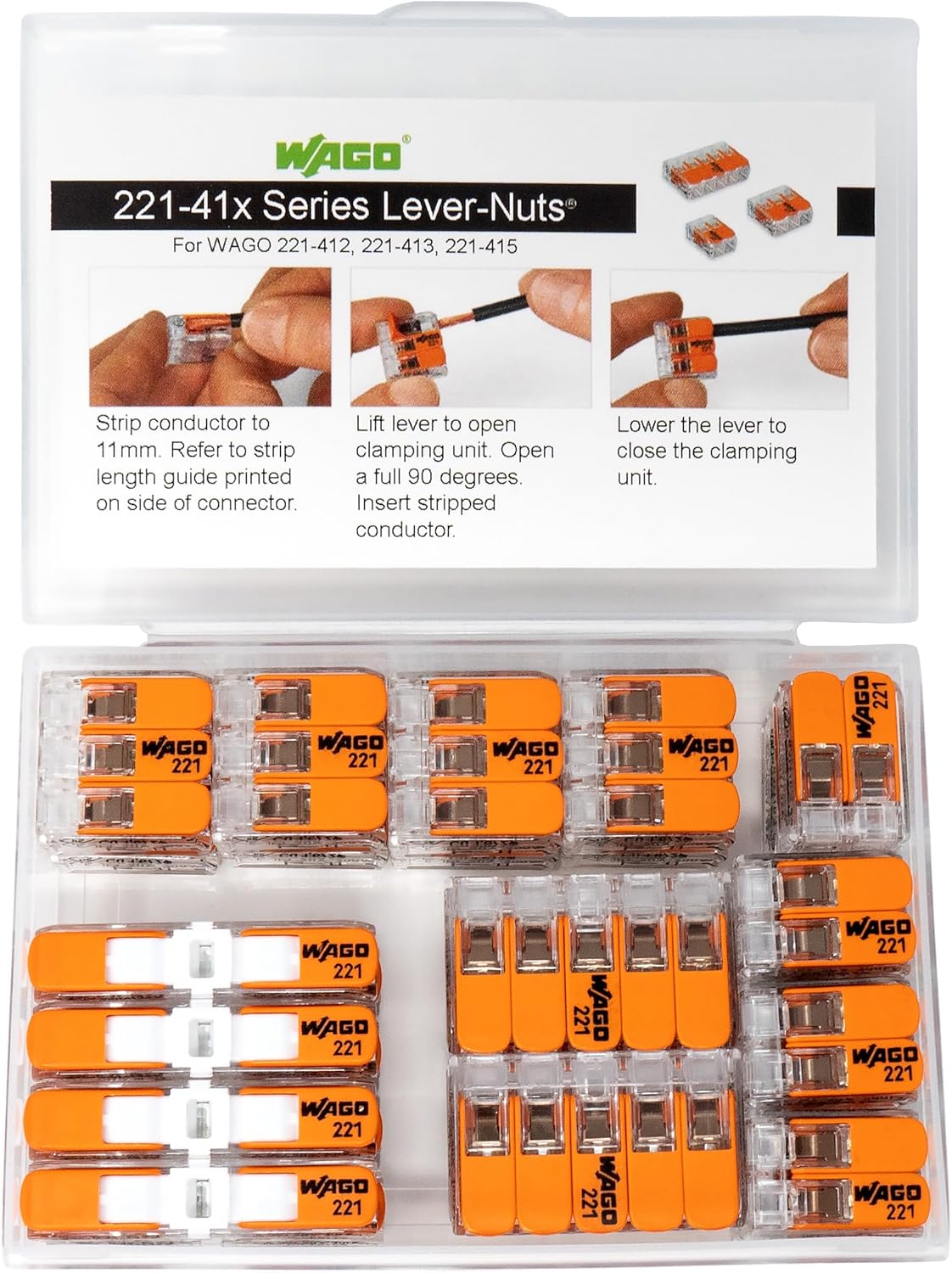 WAGO 221 Lever Nuts 28pc Compact Splicing Wire Connector Assortment with Case | Includes 221-2401, 221-412, 221-413, 221-415