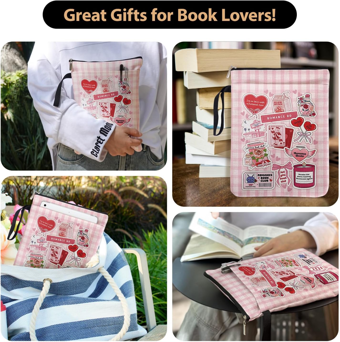 Red Checkered Collage Style Book Covers for Book Lovers with Handle, Romantic Bookcover Protector for Paperbacks, Book Club Gifts for Chritsmas, Reading Accessories for Women Friends Reader Bookish