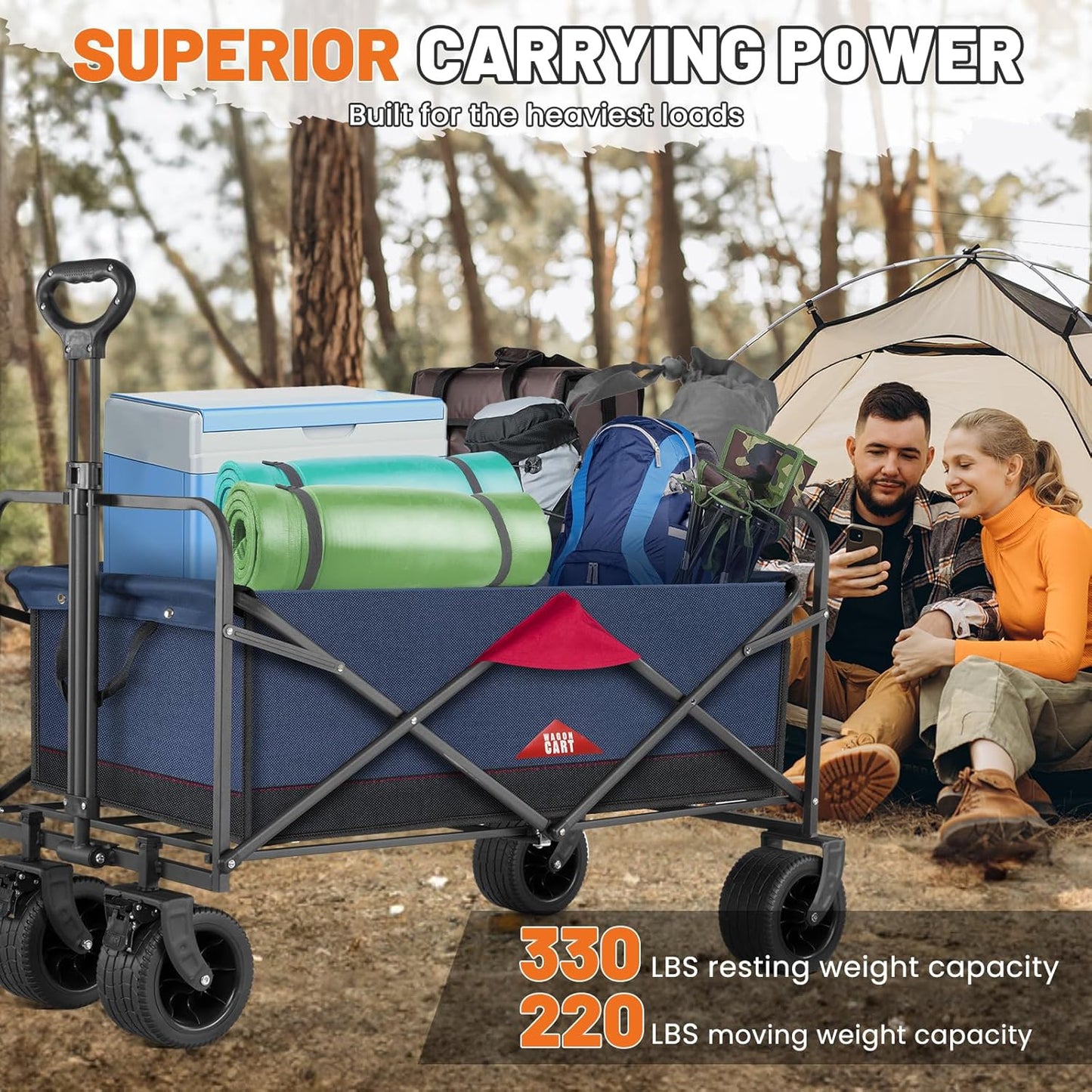 Collapsible Folding Wagon Cart, Heavy Duty Utility Beach Wagon Cart for Sand with Big Wheels, 220lbs Weight Capacity for Shopping, Camping, Garden and Outdoor