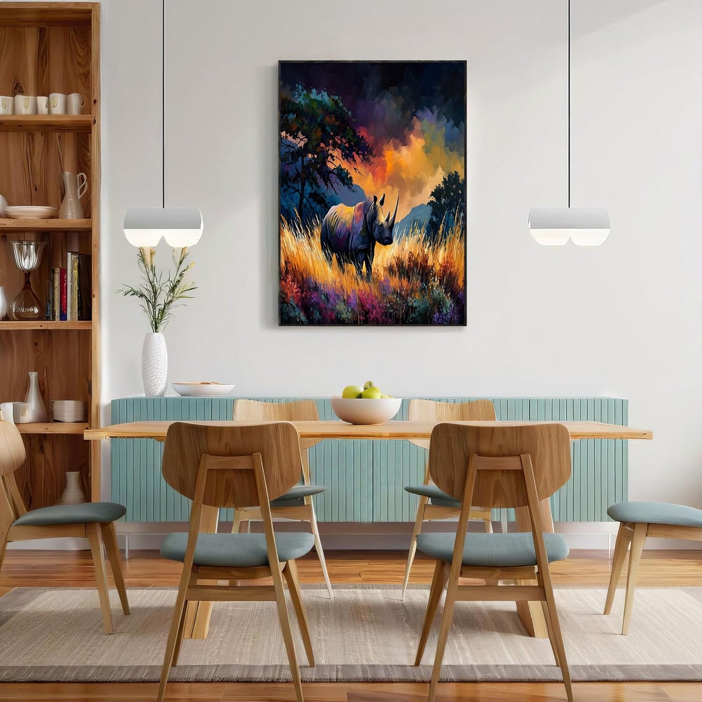 GDJSMIN Sunset Grassland Scene Wall Art, Majestic Animal Rhino Poster for Reading Room Living Room Decor 24 x 36 inch Unframed